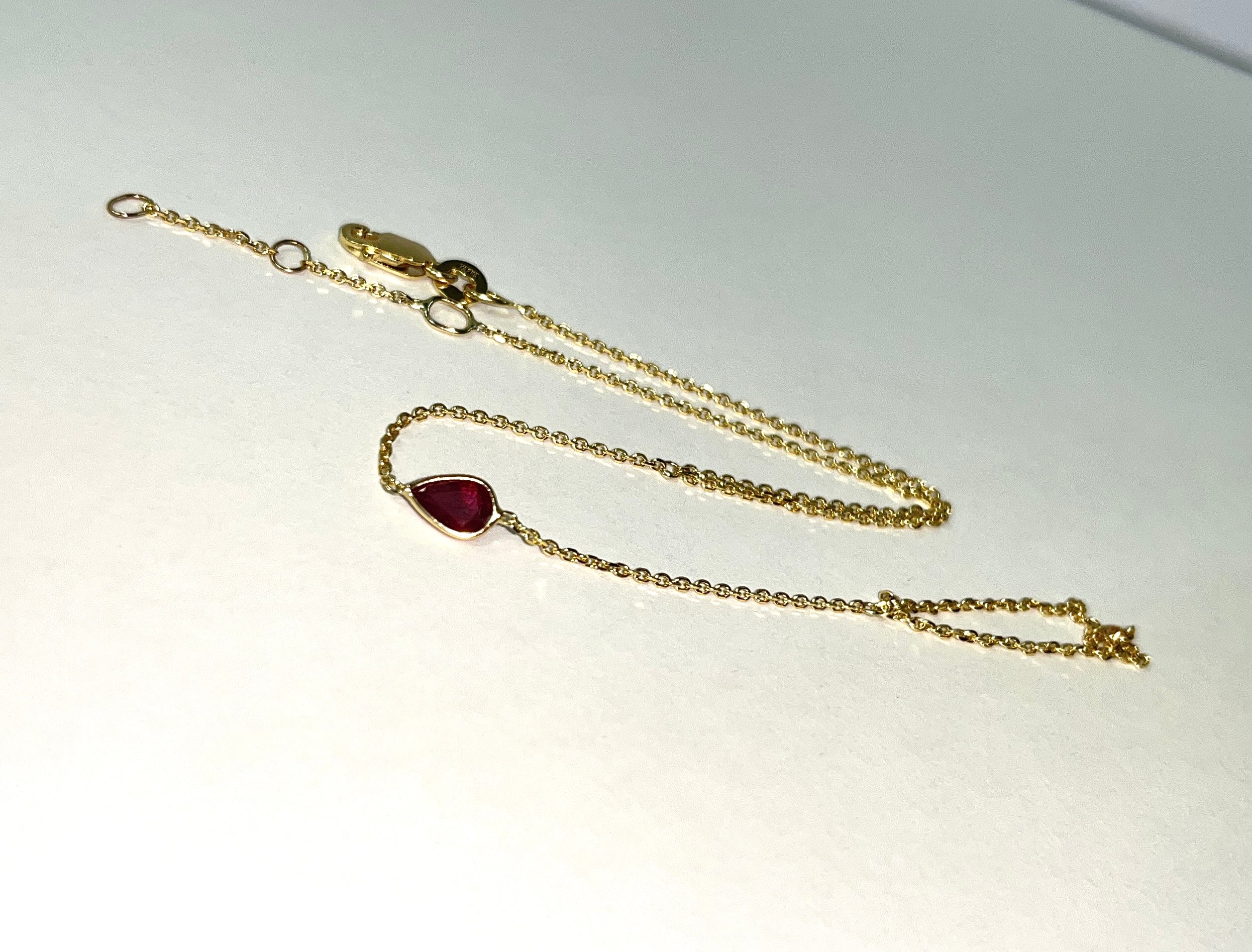 Pear Cut Ruby Hand Chain Bracelet in solid 14K Yellow Gold