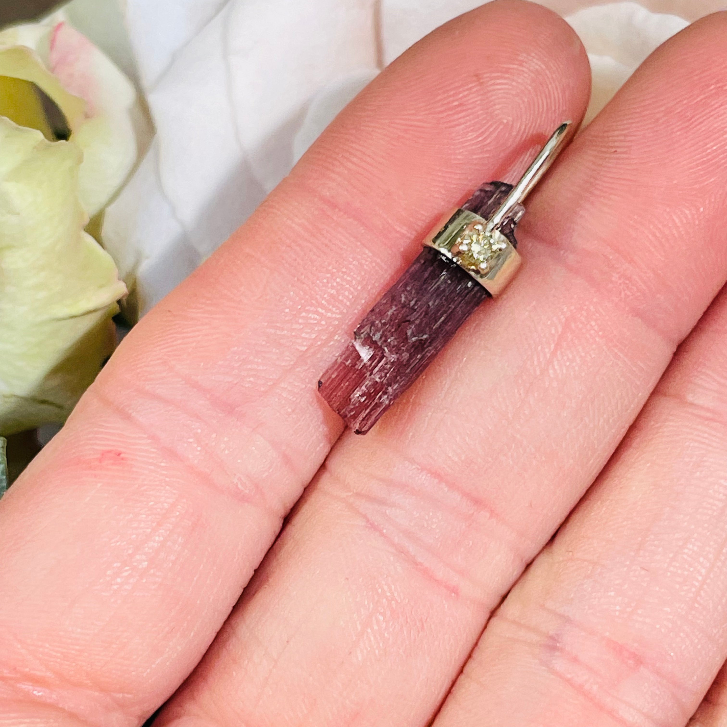 Rough Pink Tourmaline and Diamond 14K Yellow Gold Amulet