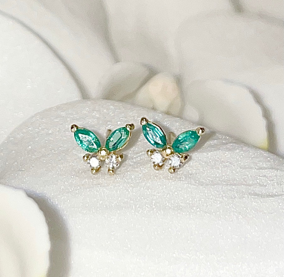 Natural Emerald and Diamond Solid 14K Yellow Gold Butterfly Stud Earrings