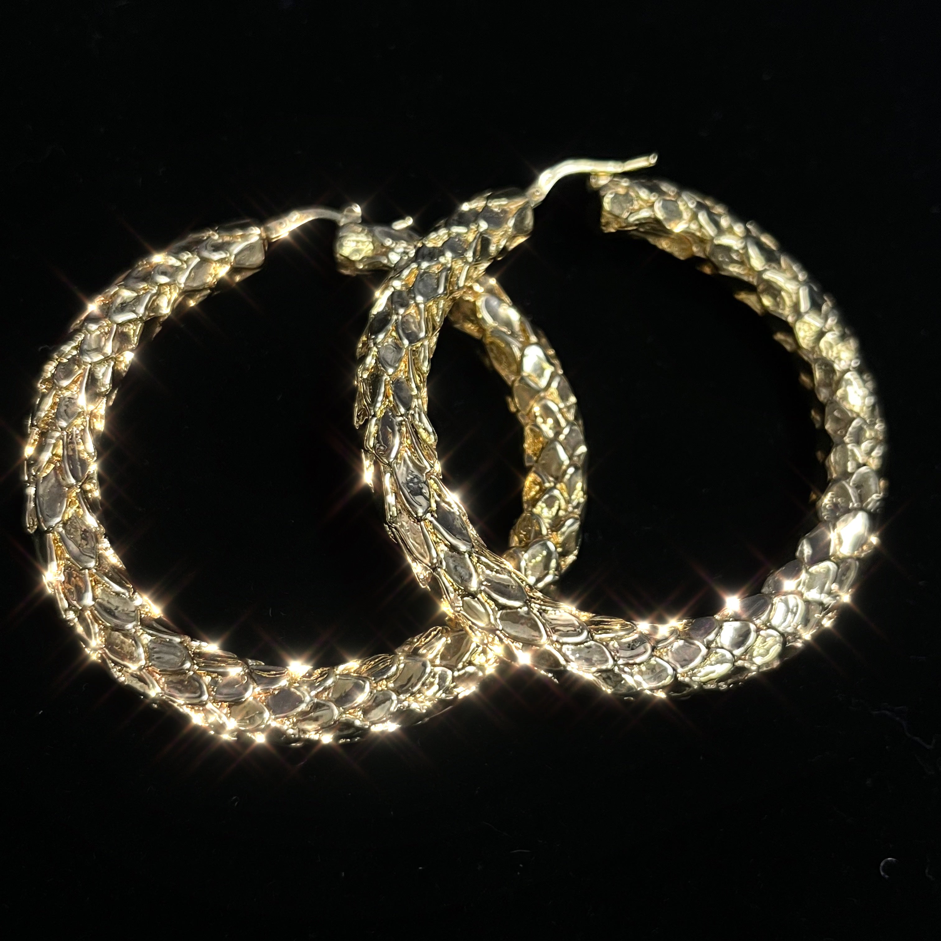 Cool Snake Skin 2.1" 14K Yellow Gold Puffy Hoop Earrings