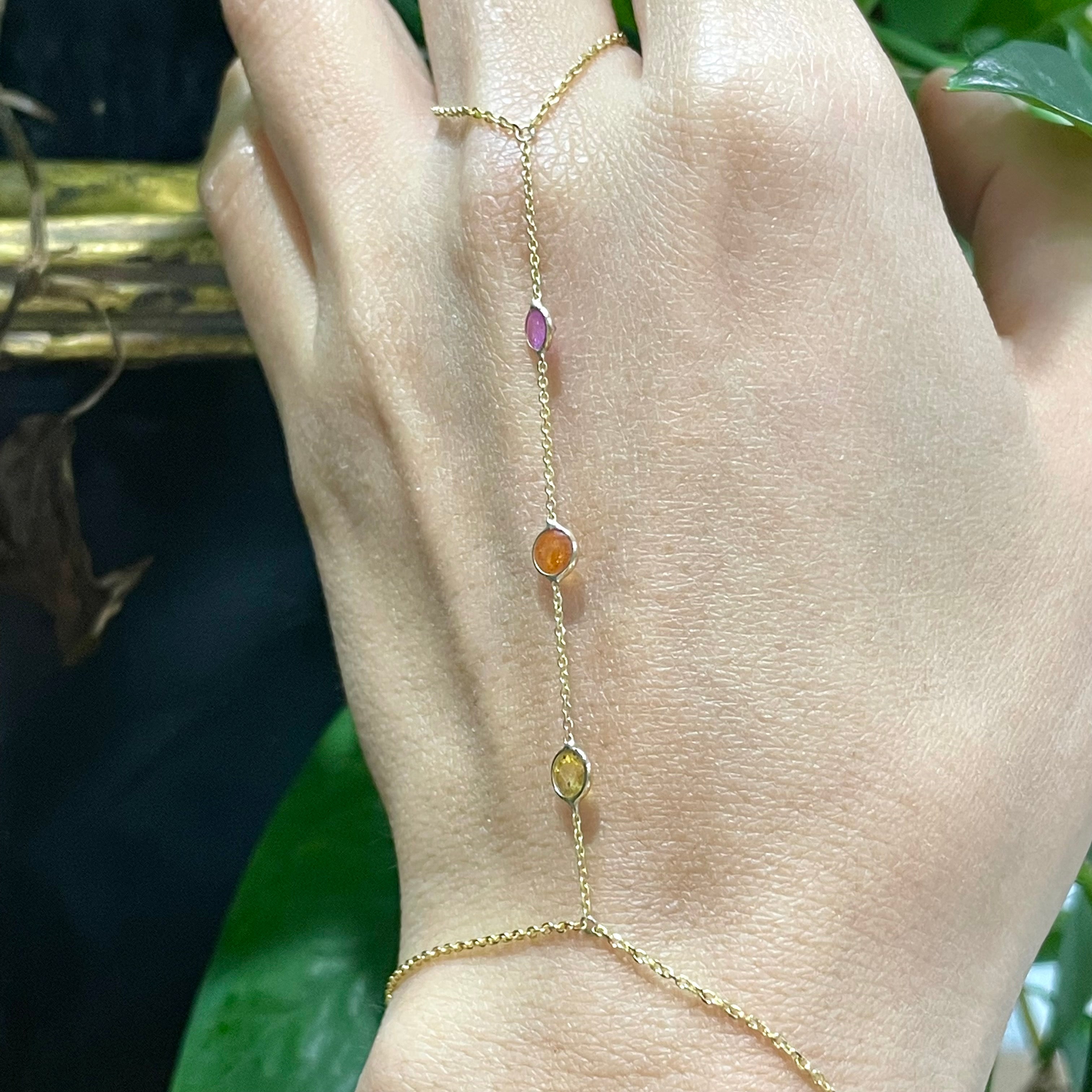 Multi-color Sapphires HandChain in solid 14k Yellow Gold