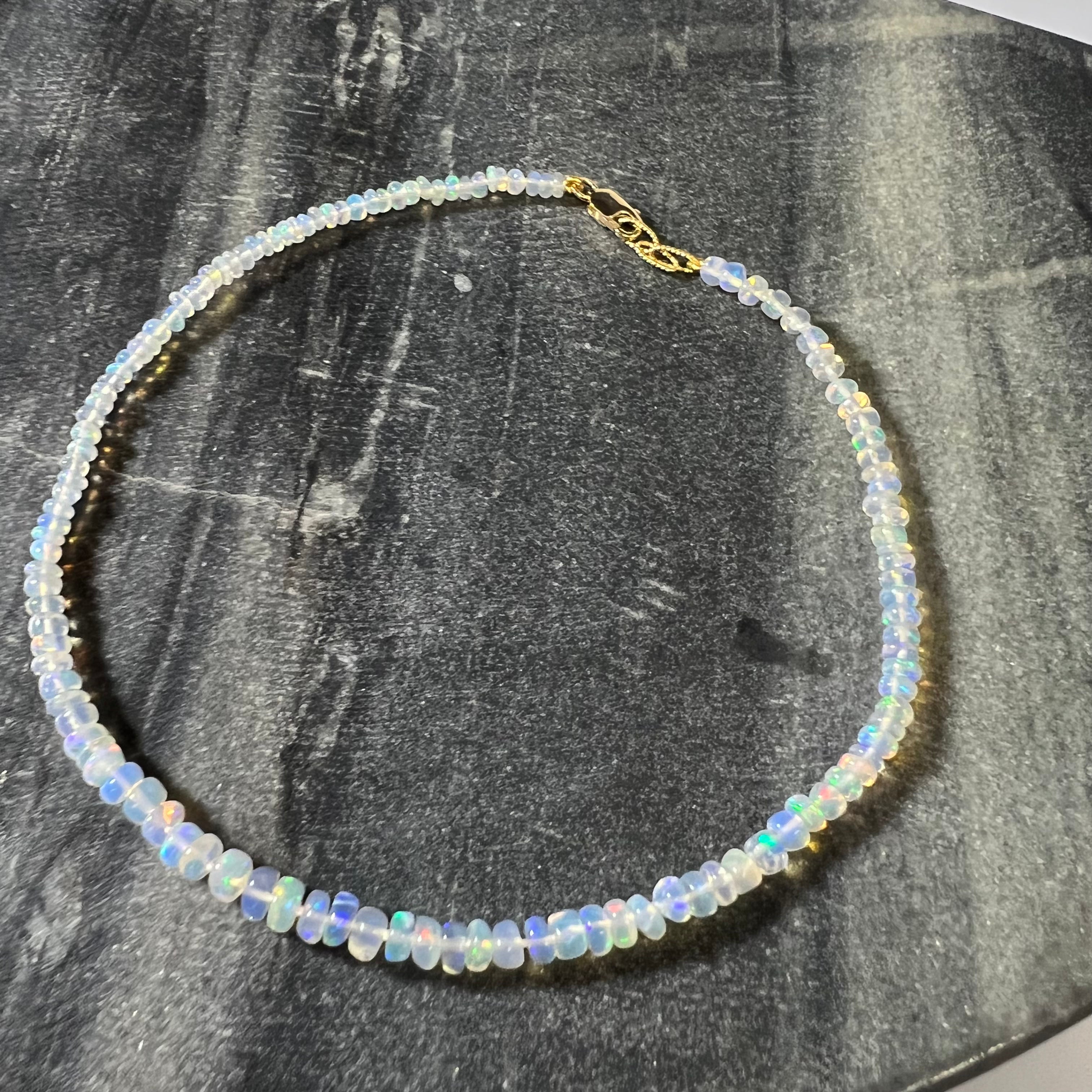 14K Yellow Gold Clasp White Opal Beaded Anklet 9.5"-10"