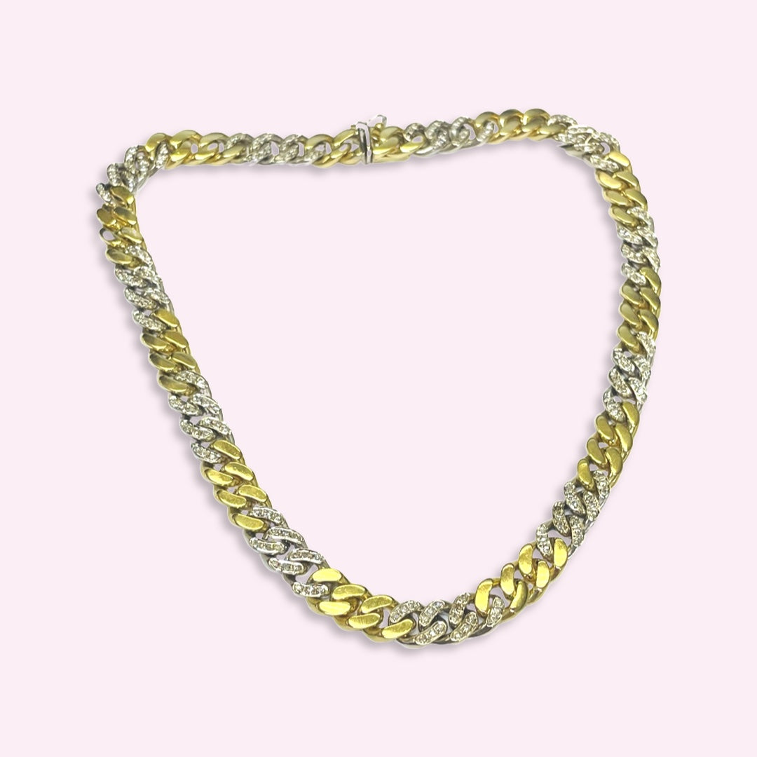 16" 10mm Solid 18K Yellow and White Two Tone Diamond Pave Cuban Curb Link Neckla