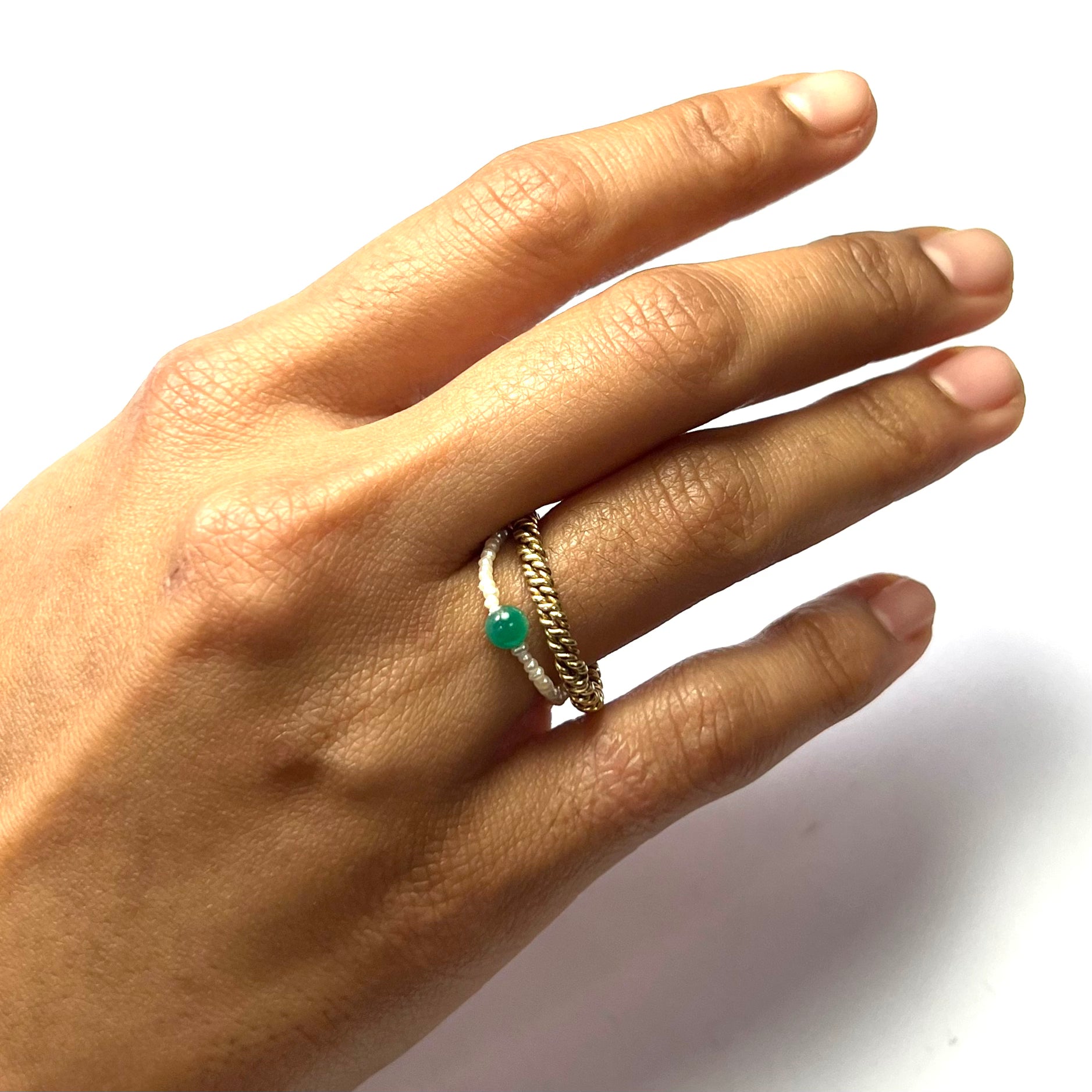 Natural Seed Pearl Eternity Colombian Emerald Ring Size 7