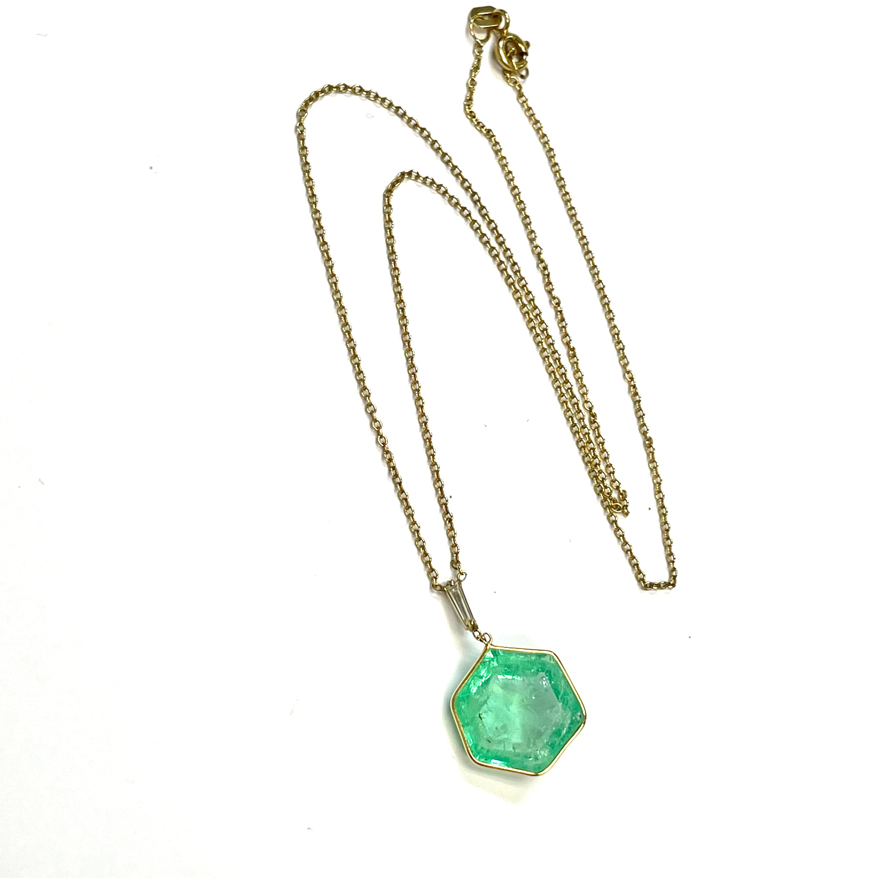 Hexagon Emerald and Tapered Diamond 16" 14k Yellow Gold Necklace