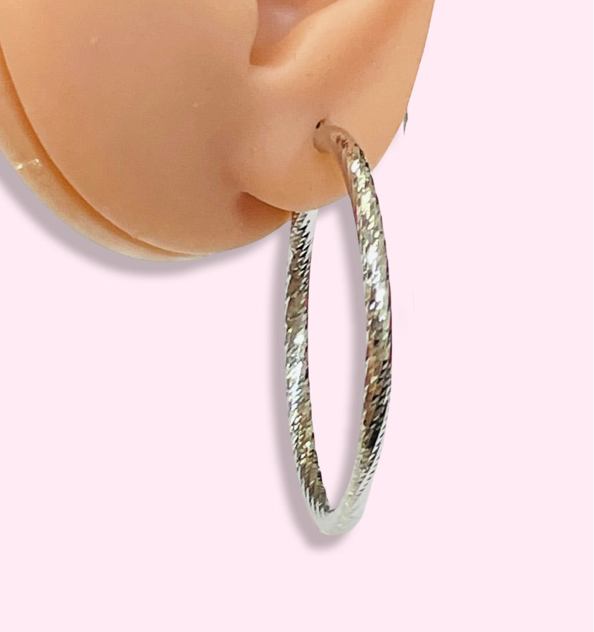 1.75” 3mm 10K White Gold Diamond Cut Round Hoop Earrings