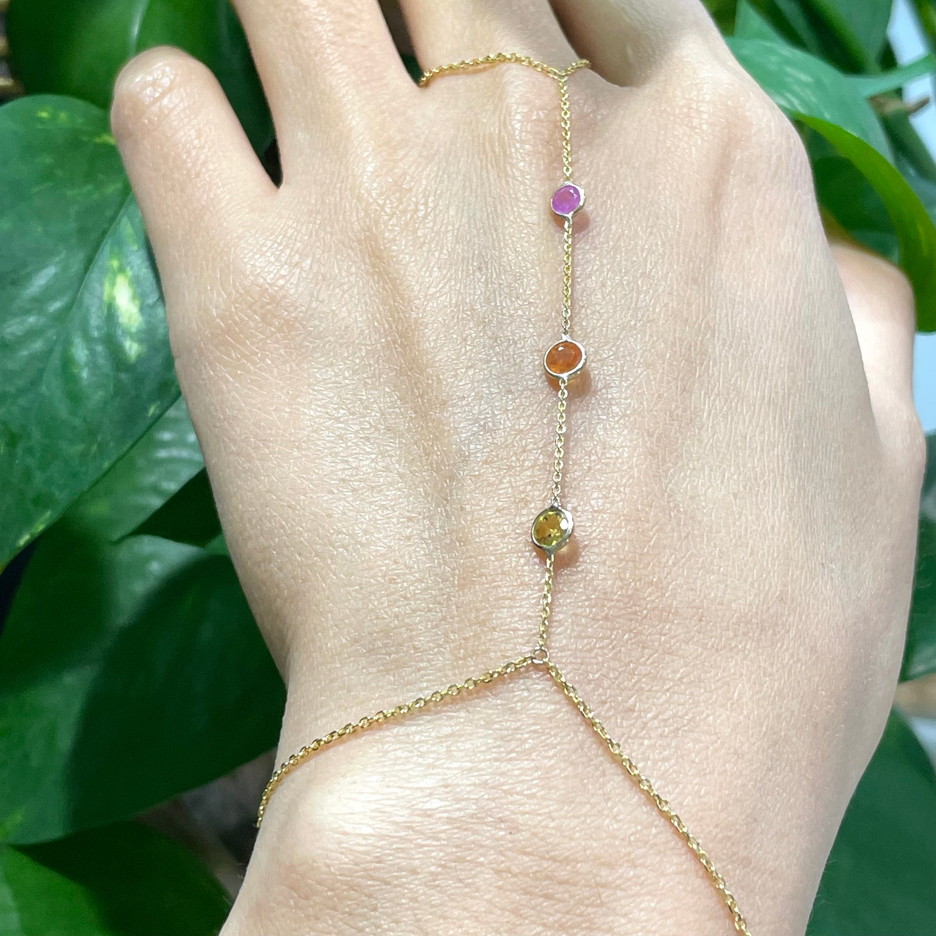 Multi-color Sapphires HandChain in solid 14k Yellow Gold