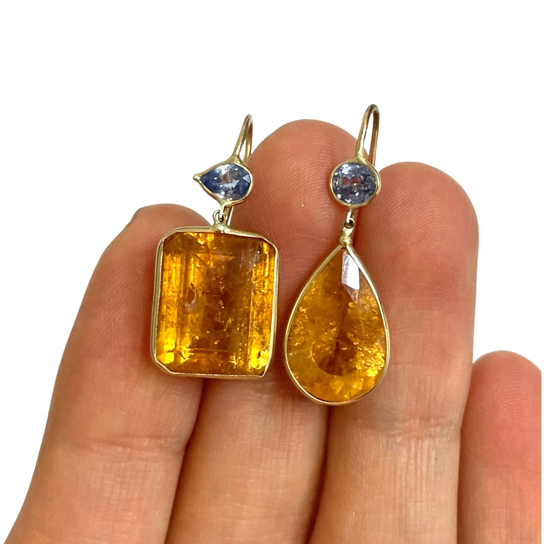 Imperial Topaz Sapphire Earrings in 14k Yellow Gold 1.1" Long