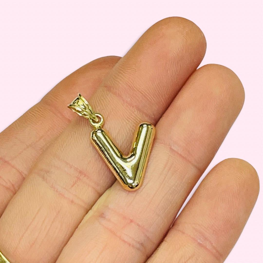 Initial V Puffy  Balloon Letter 10K Yellow Gold Pendant