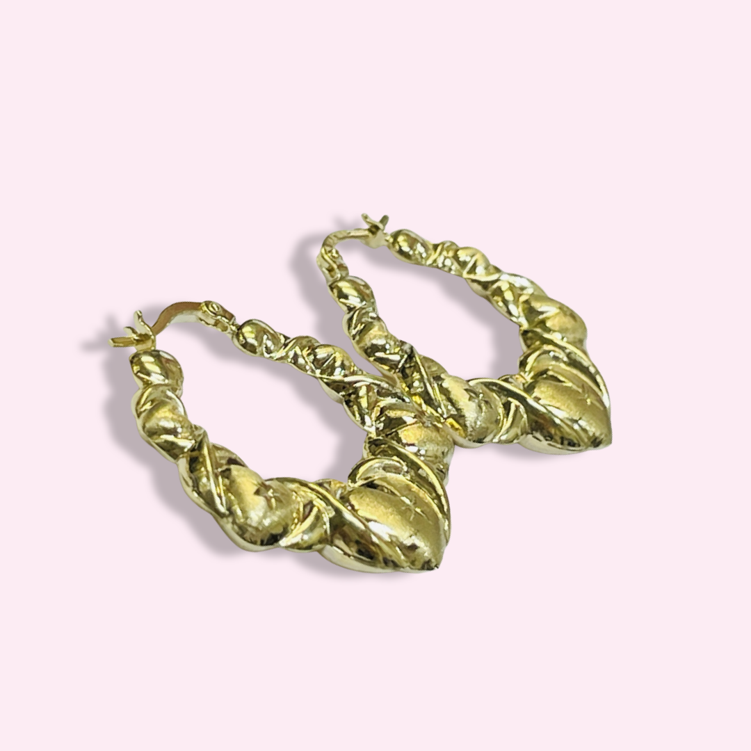 1.25” 10K Yellow Gold Puffy Heart and X Hoops