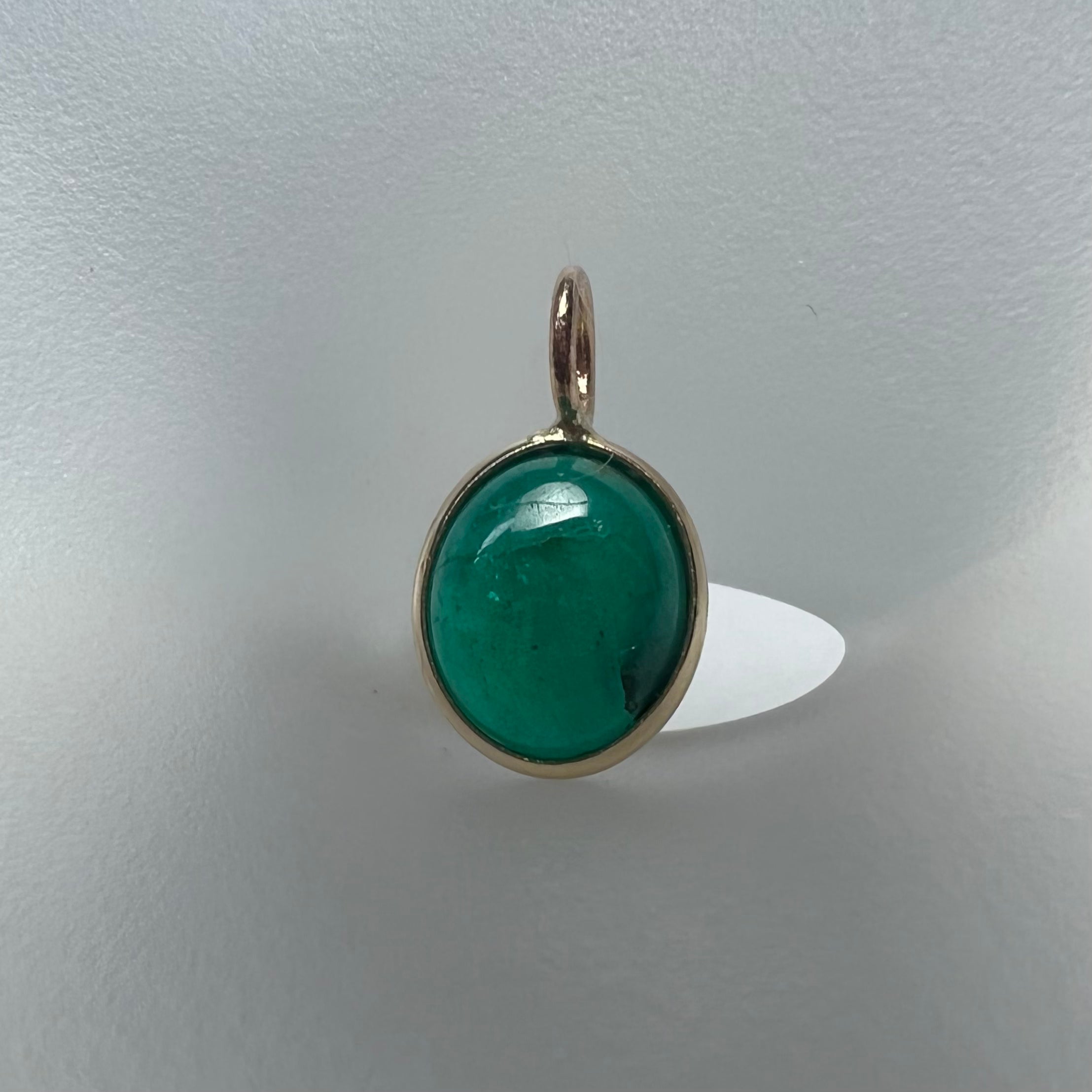 1.2CT Colombian Oval Cabochon Emerald 14K Yellow Gold Pendant Charm 13x7mm