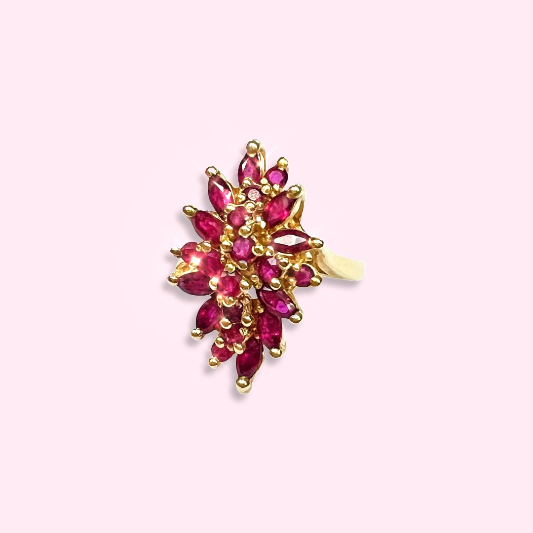 14k Yellow Gold Natural Ruby Cluster Navette Ring