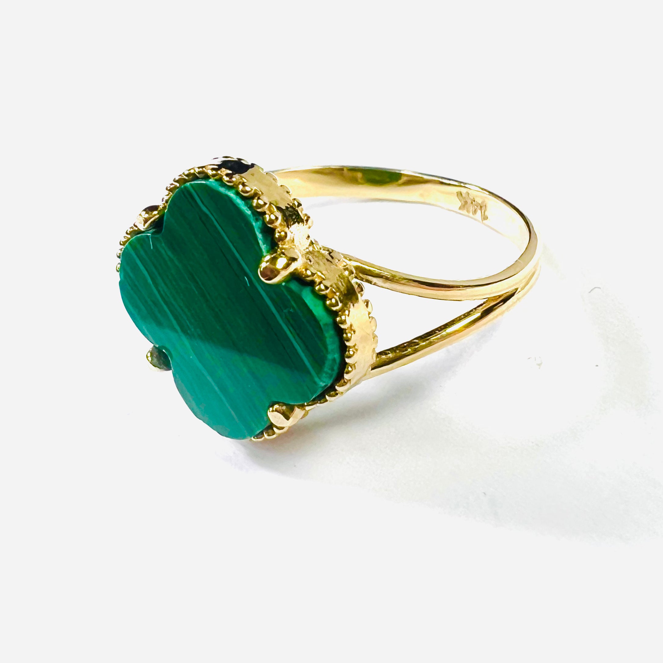 Solid 14K Yellow Gold Malachite Clover Ring Band Size 6.5
