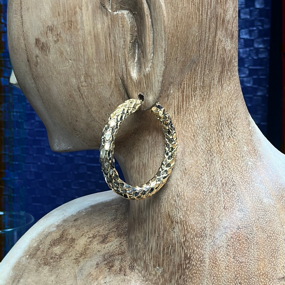 Cool Snake Skin 2.1" 14K Yellow Gold Puffy Hoop Earrings