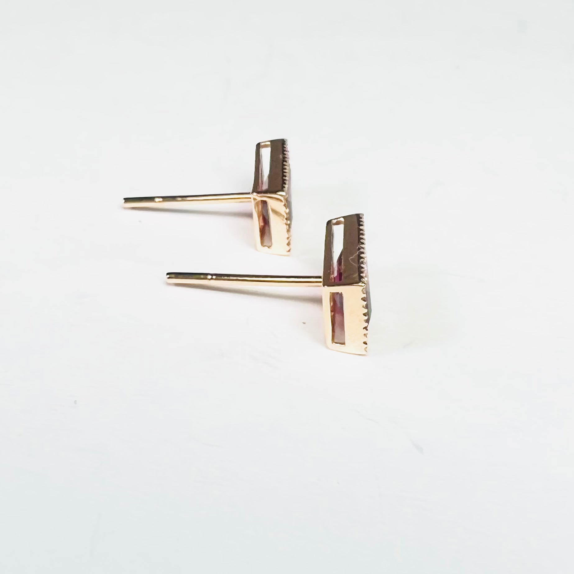 14K Rose Gold Diamond & Garnet Baguette Earring Studs 9x5mm