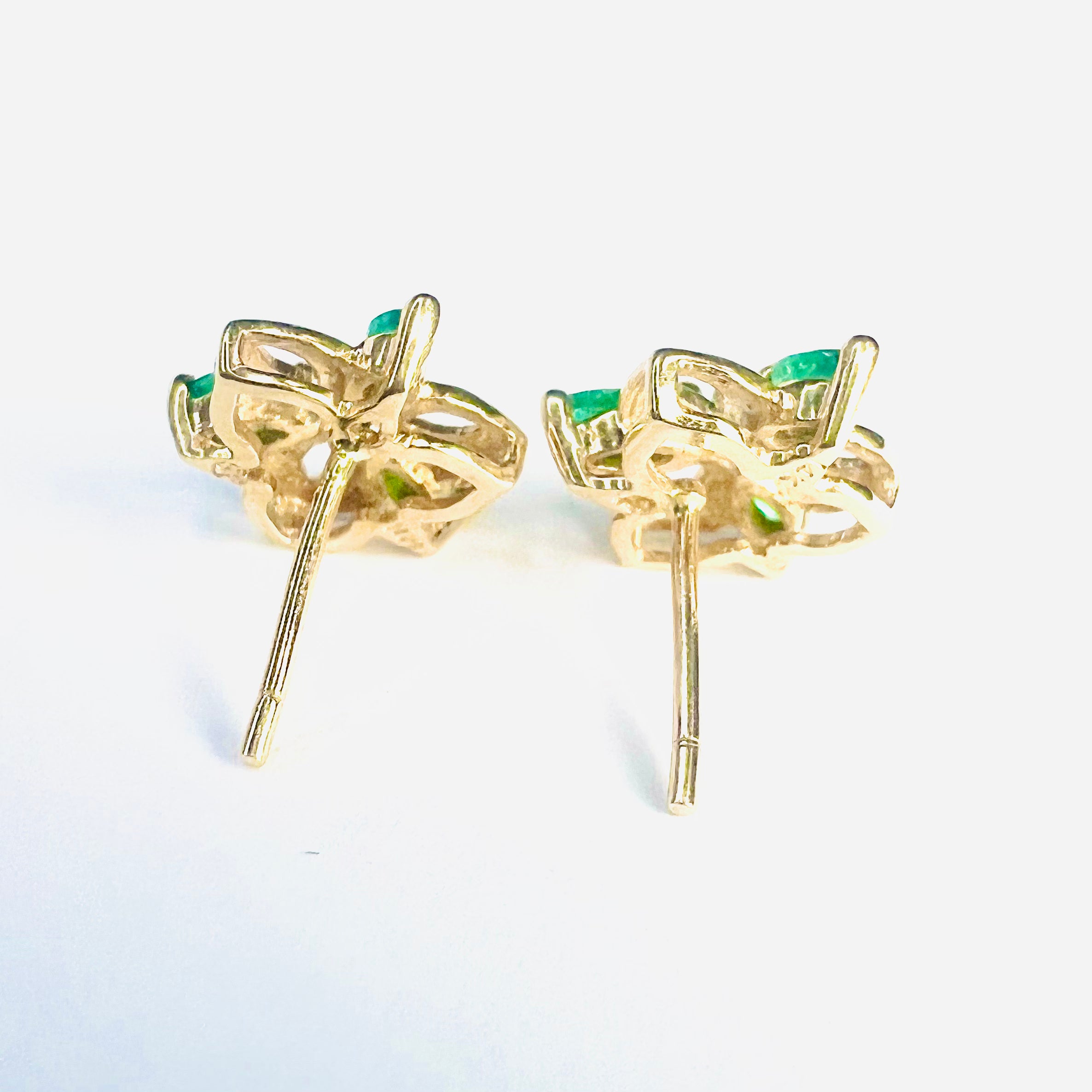 14K Yellow Gold Marquise Emerald & Diamond Flower Earring Pushback Studs 12x12mm