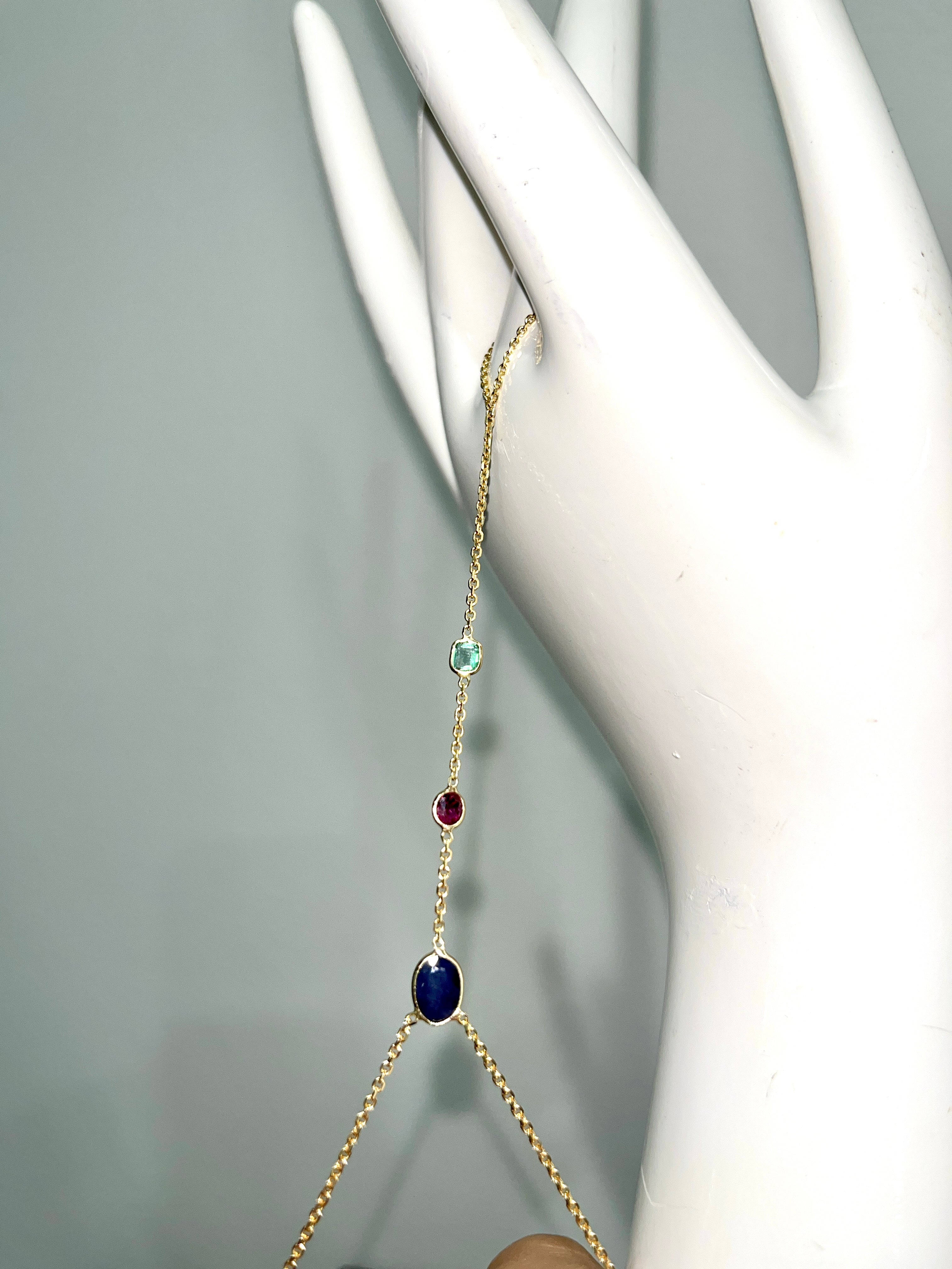 Emerald Ruby Sapphire Hand Chain Solid 14k Yellow Gold