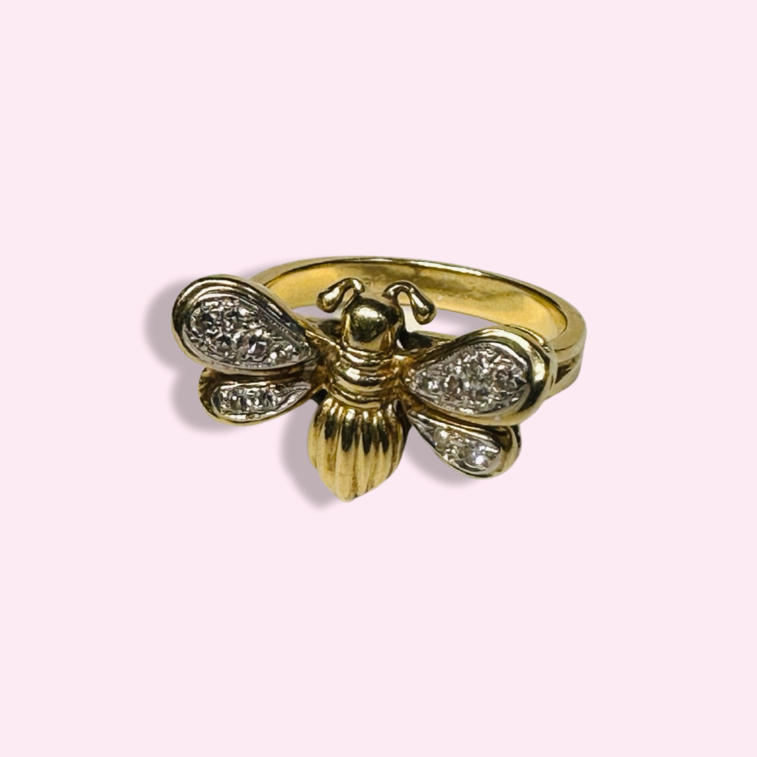 14K Yellow Gold Bee Diamond Winged Ring