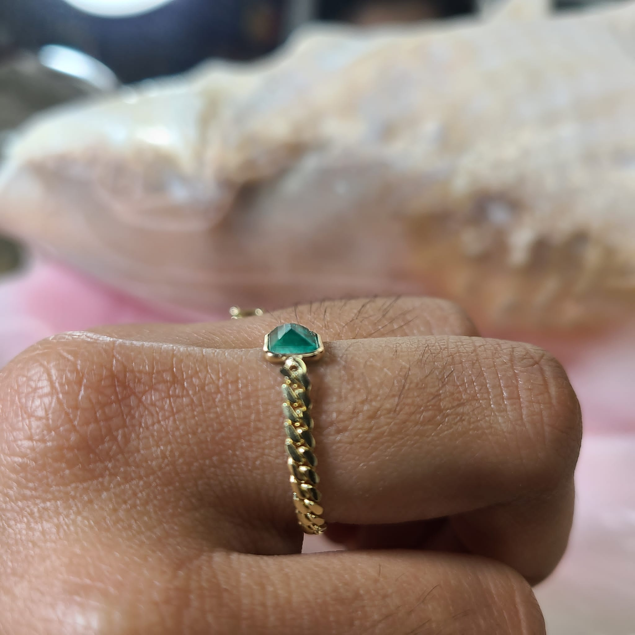 Solid 14K Yellow Gold Natural Emerald Cuban Chain Ring Size 7