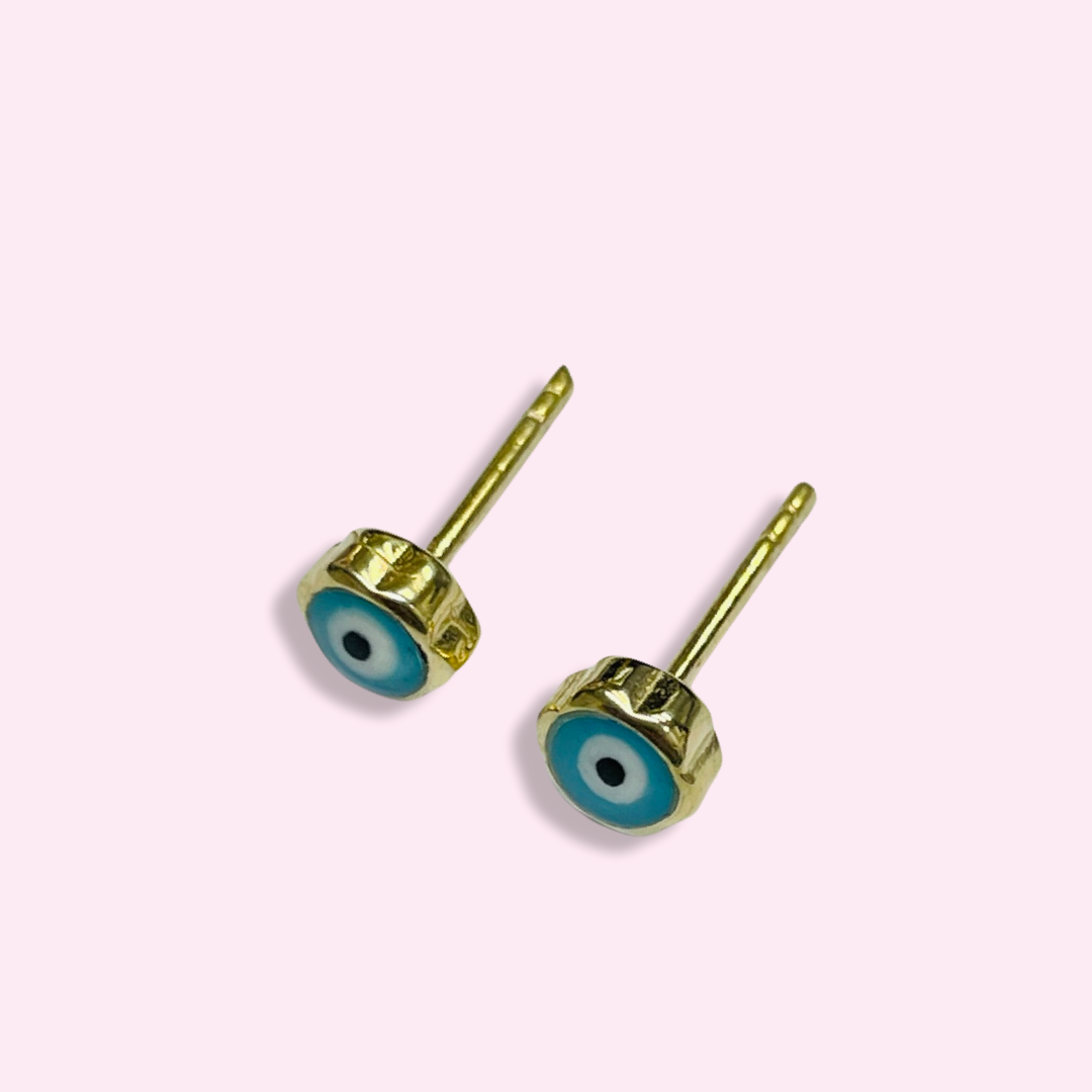 10K Yellow Gold 5mm Teal Blue Evil Eye Stud Earrings