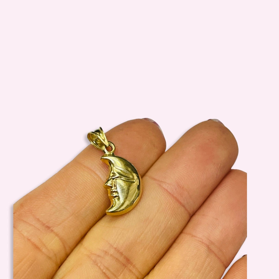 14K Yellow Gold Puffy Moon Face Charm Pendant