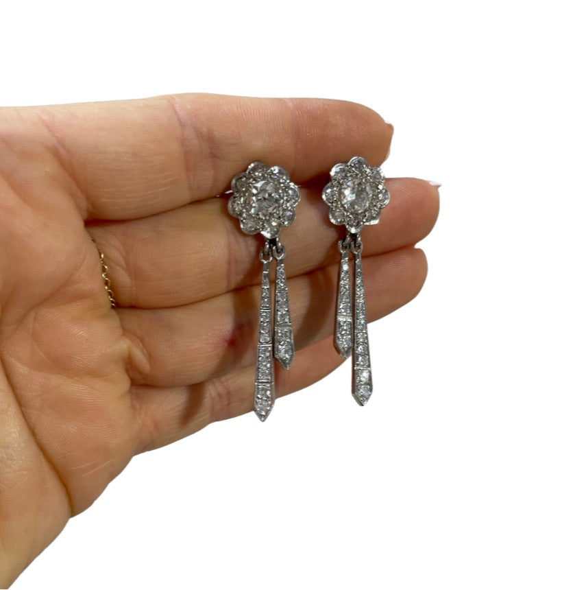 Art Deco 3.37CT Old Mine Cut Diamond Platinum Drop Earrings