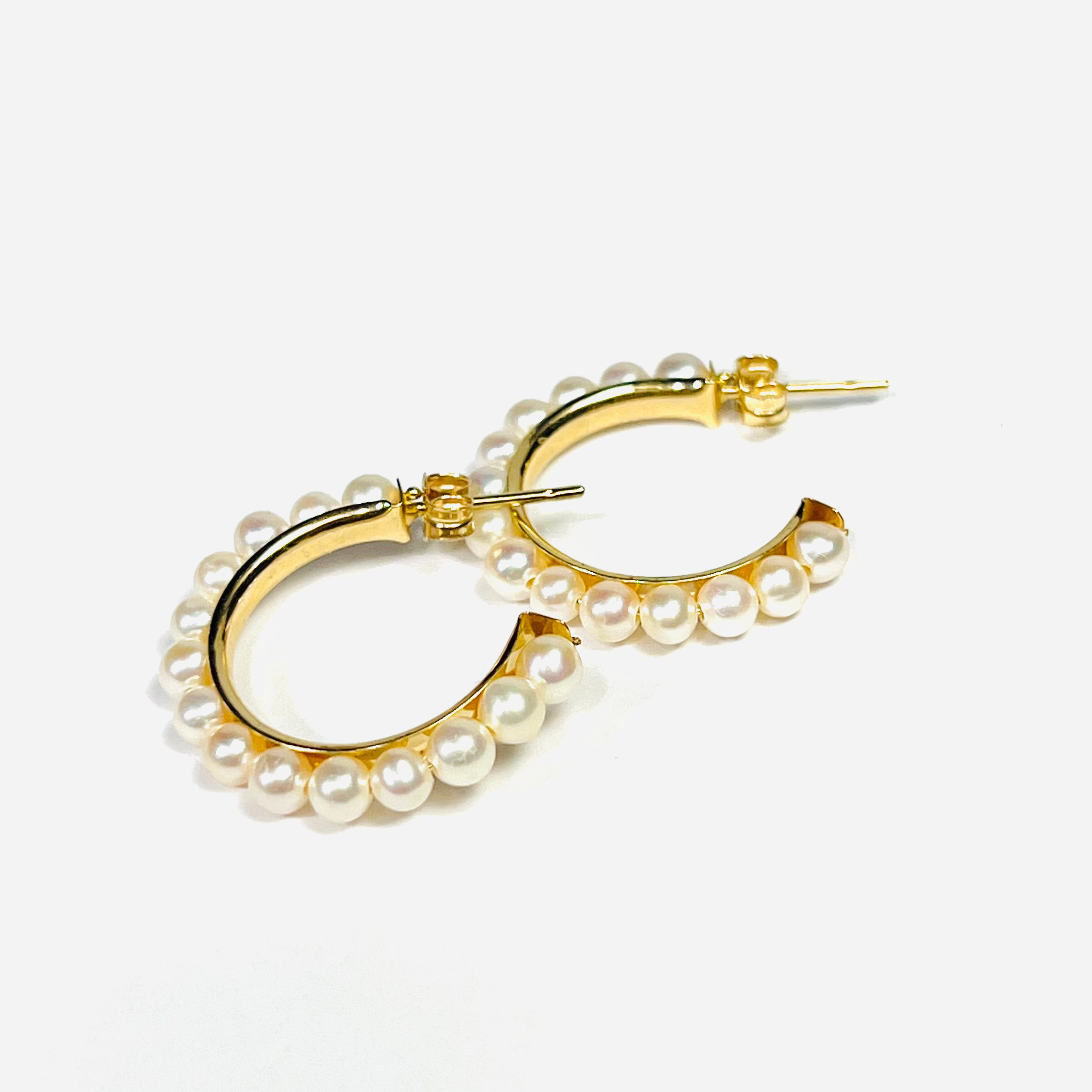 14K Yellow Gold Pearl Half Hoop Earring Studs .90"