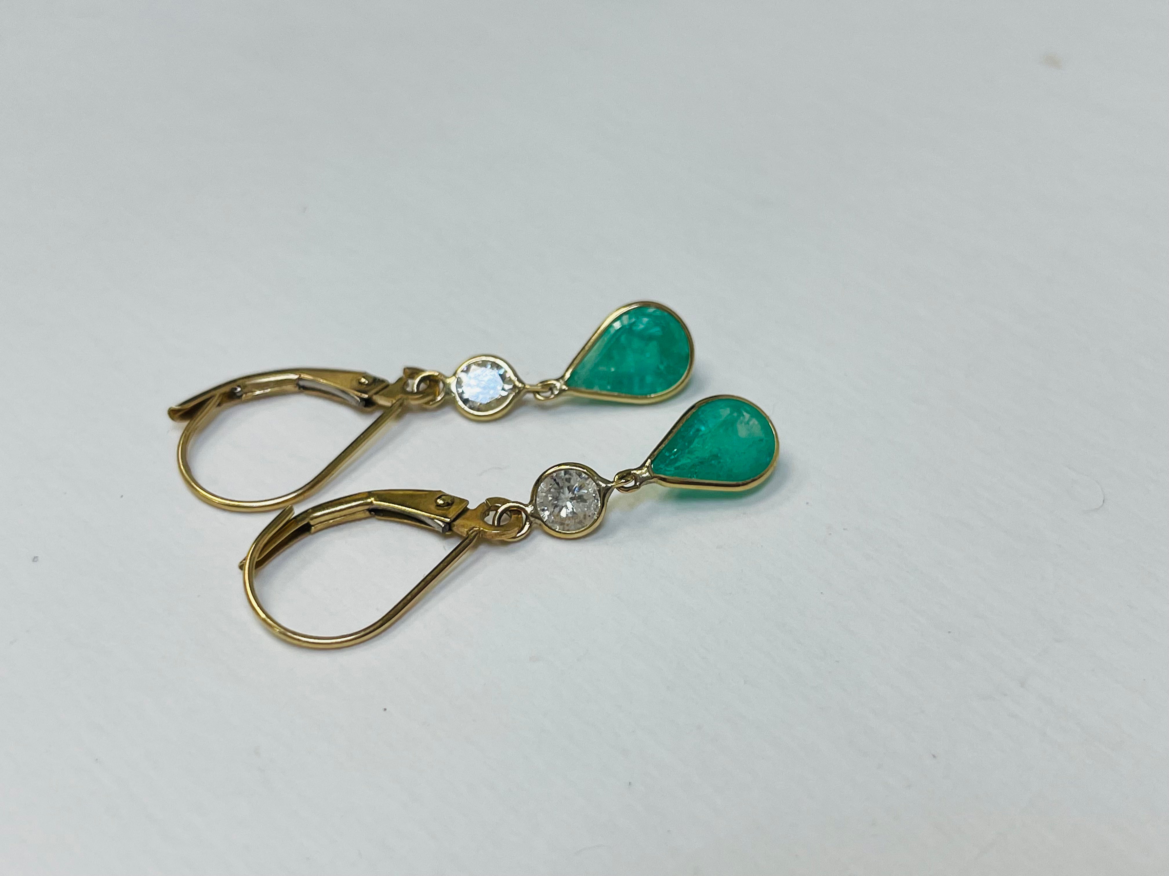 2CT Emerald and .30CT Diamond 14K Yellow Gold Lever Back Drop Down Earrings