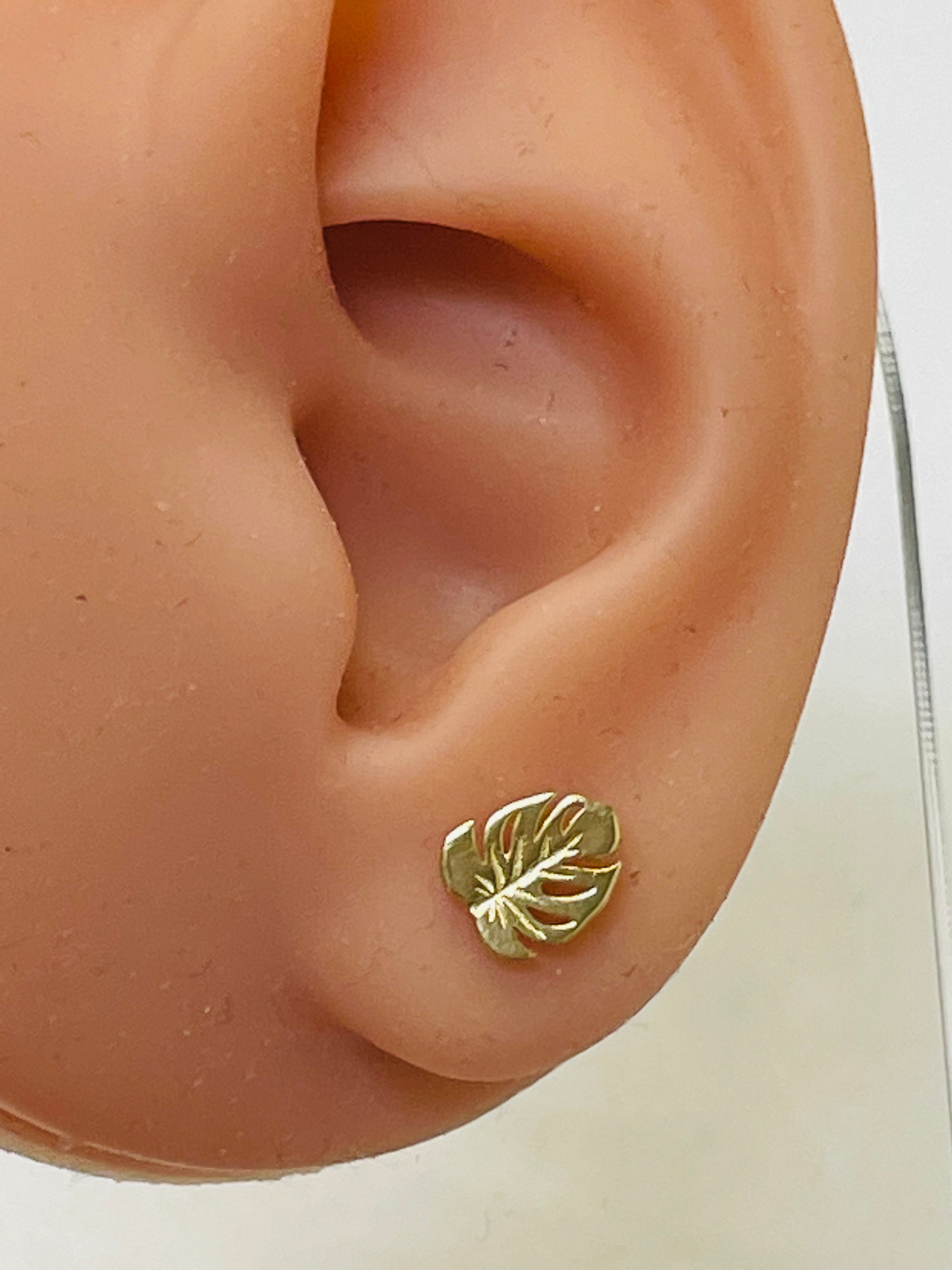 Tropical Palm Leaf Earring Studs 14K Yellow Gold  8x8mm