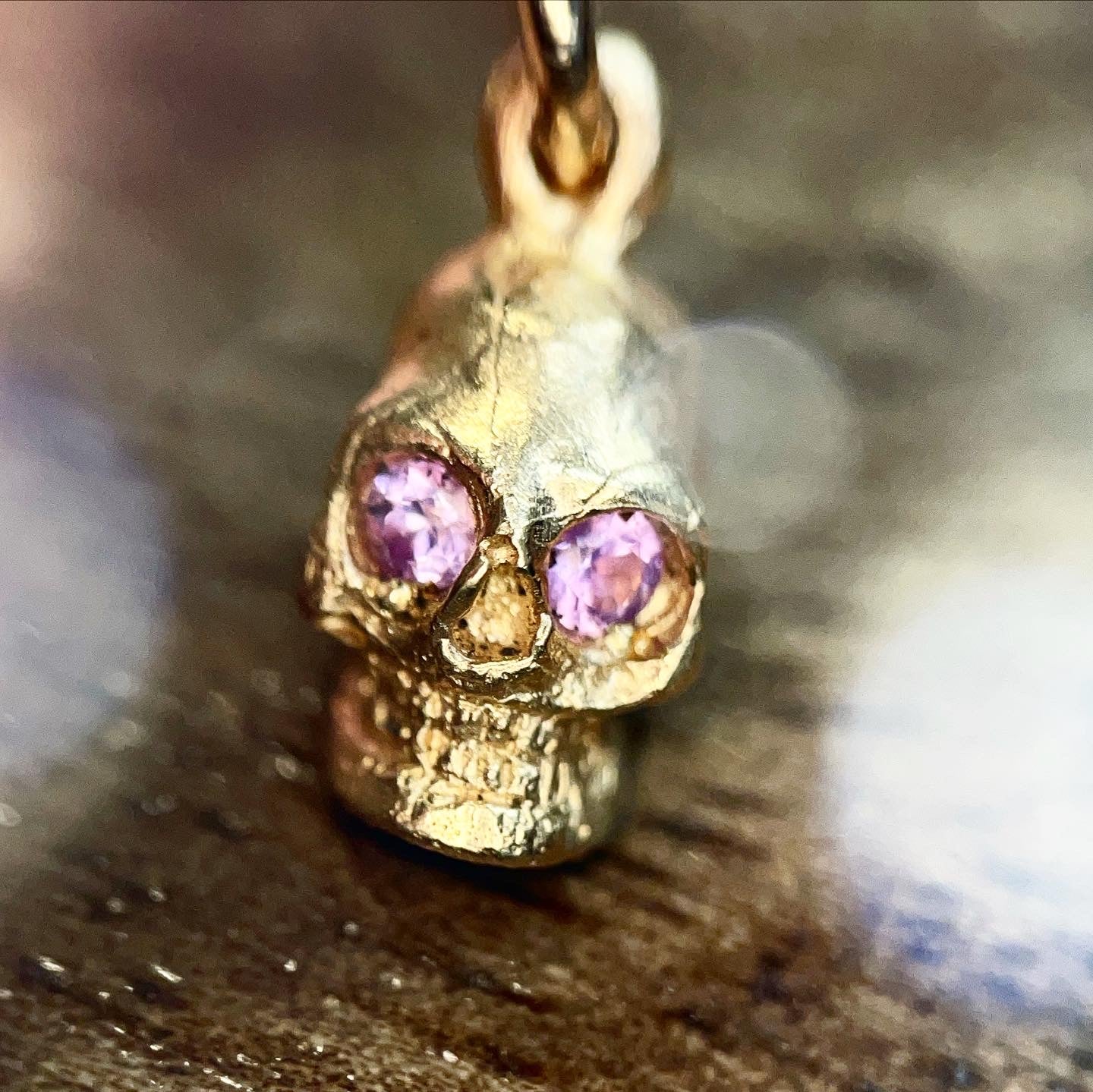 Solid 18K Small Pink Sapphire Skull Charm