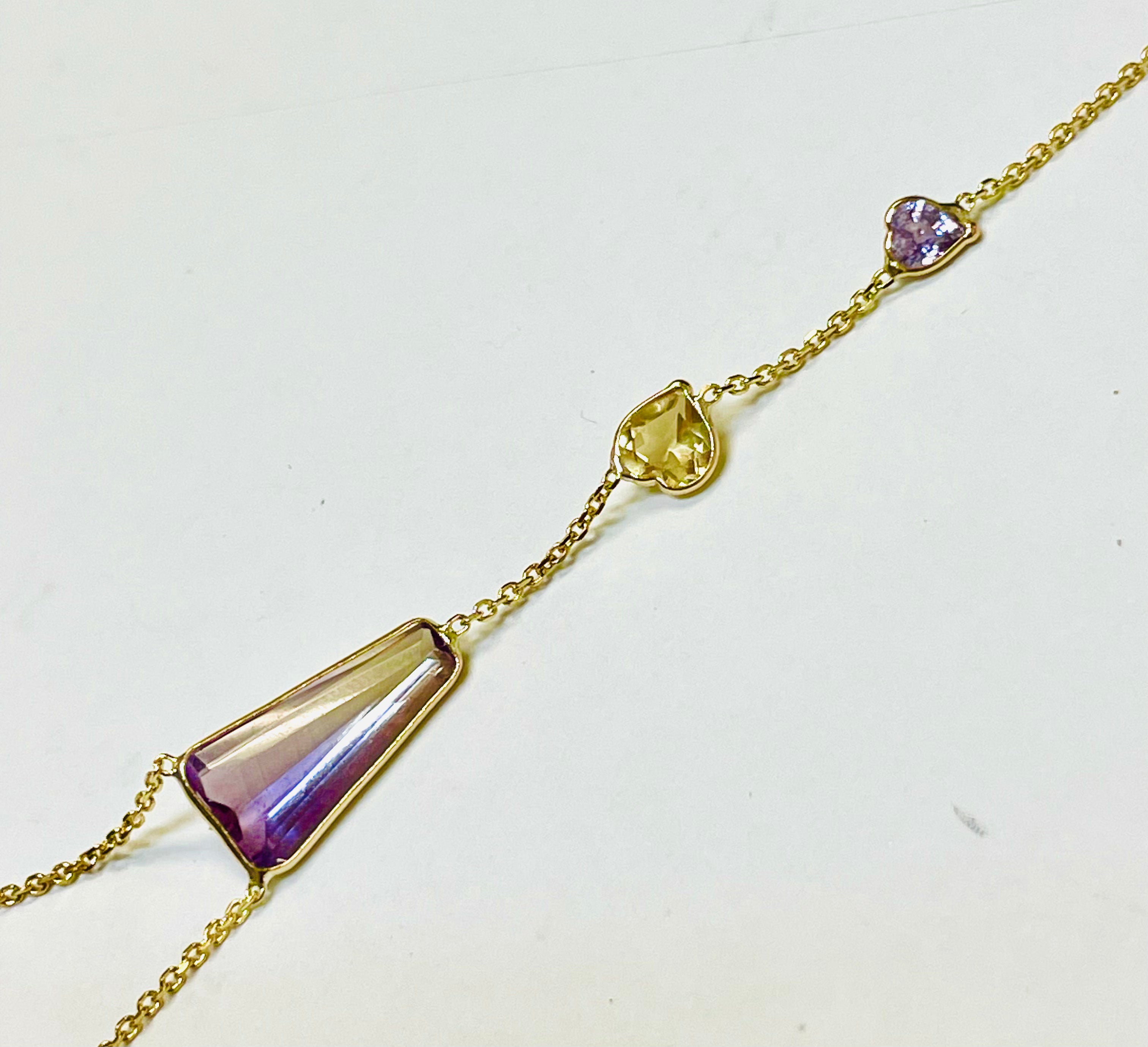 Ametrine Citrine Sapphire Pastel Hand Chain Solid 14k Yellow Gold