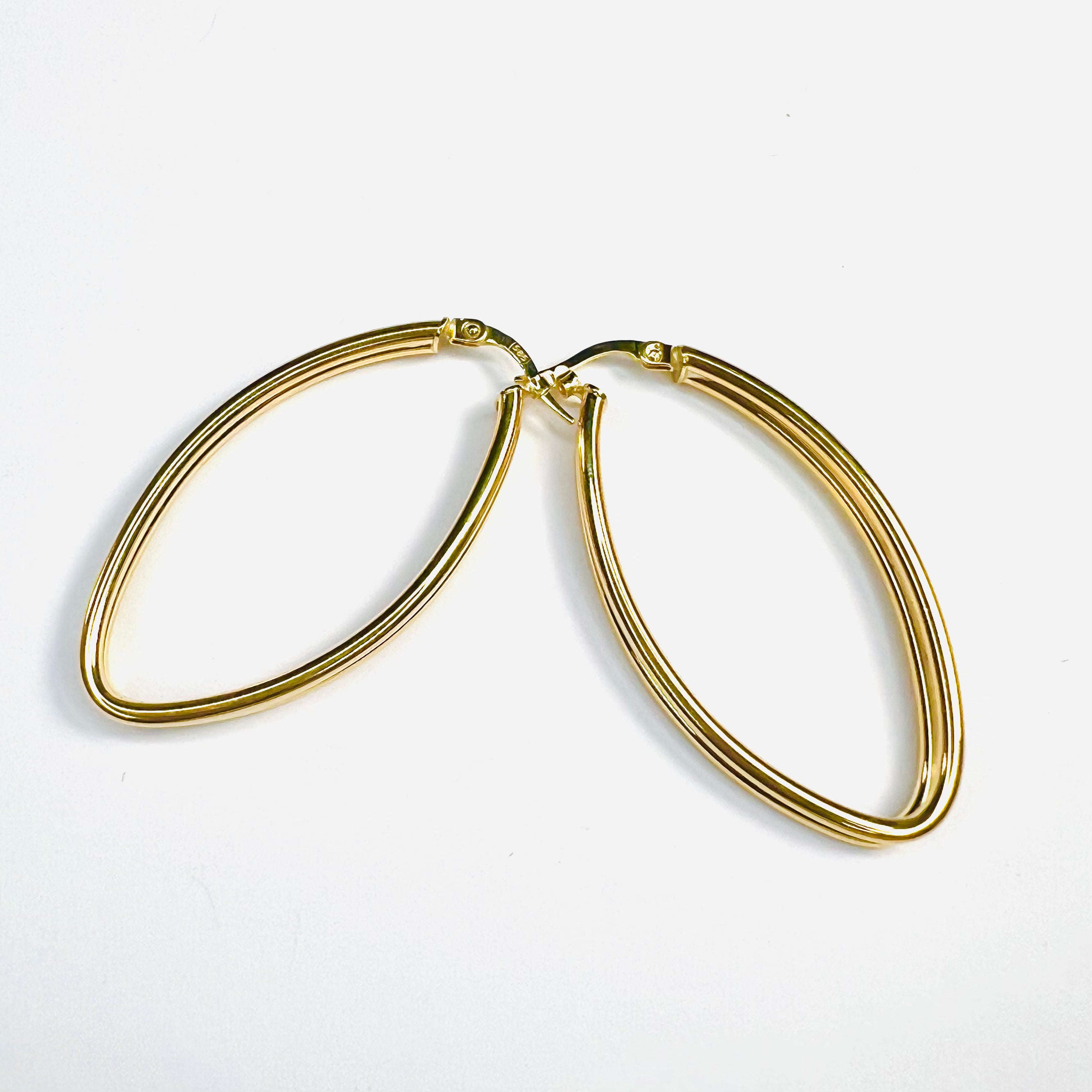 Beautiful New 14K Solid Yellow Gold Double Marquise Hoop Earrings 1.75"x.90"