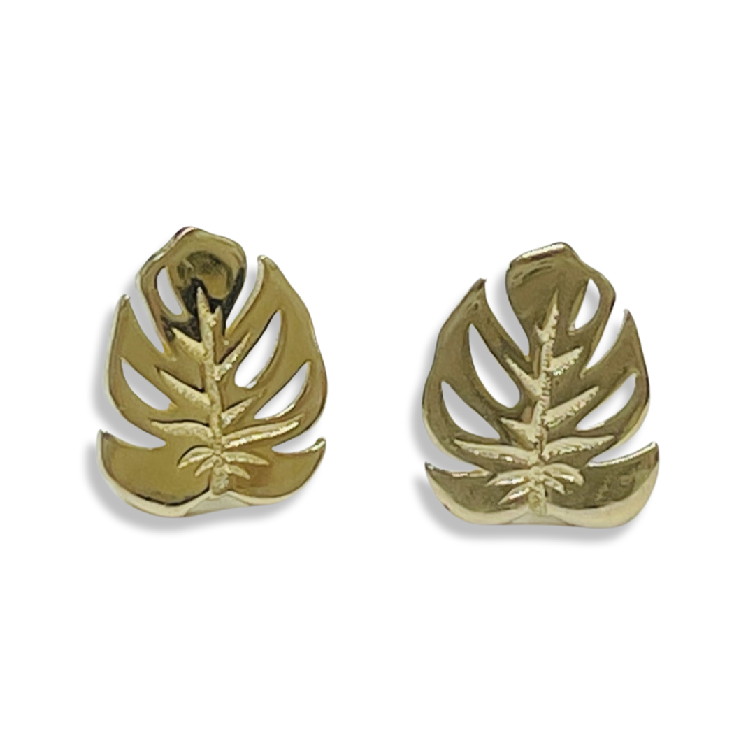 Tropical Palm Leaf Earring Studs 14K Yellow Gold  8x8mm
