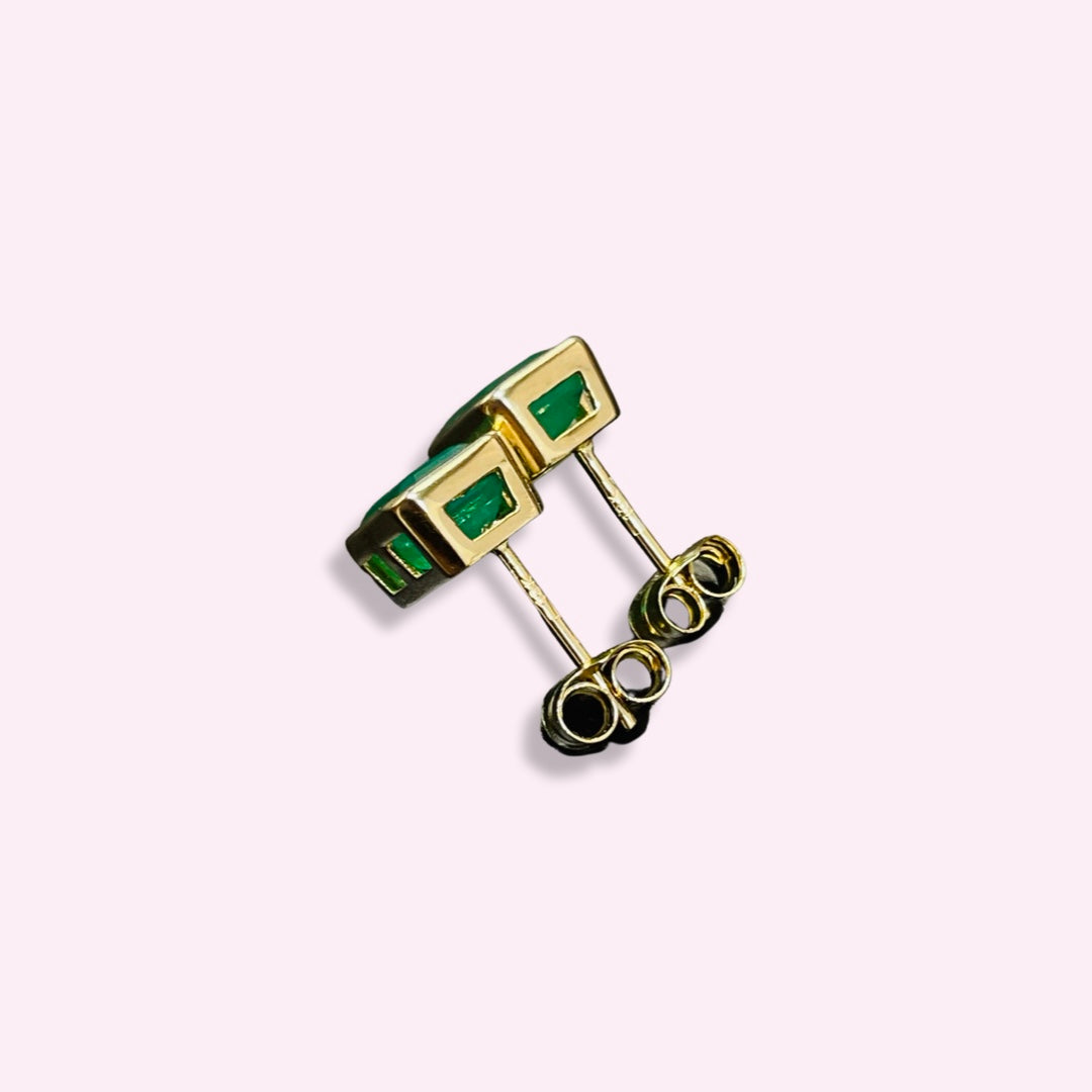 3CT Colombian Emerald 18K Yellow Gold Bezel Stud Earrings