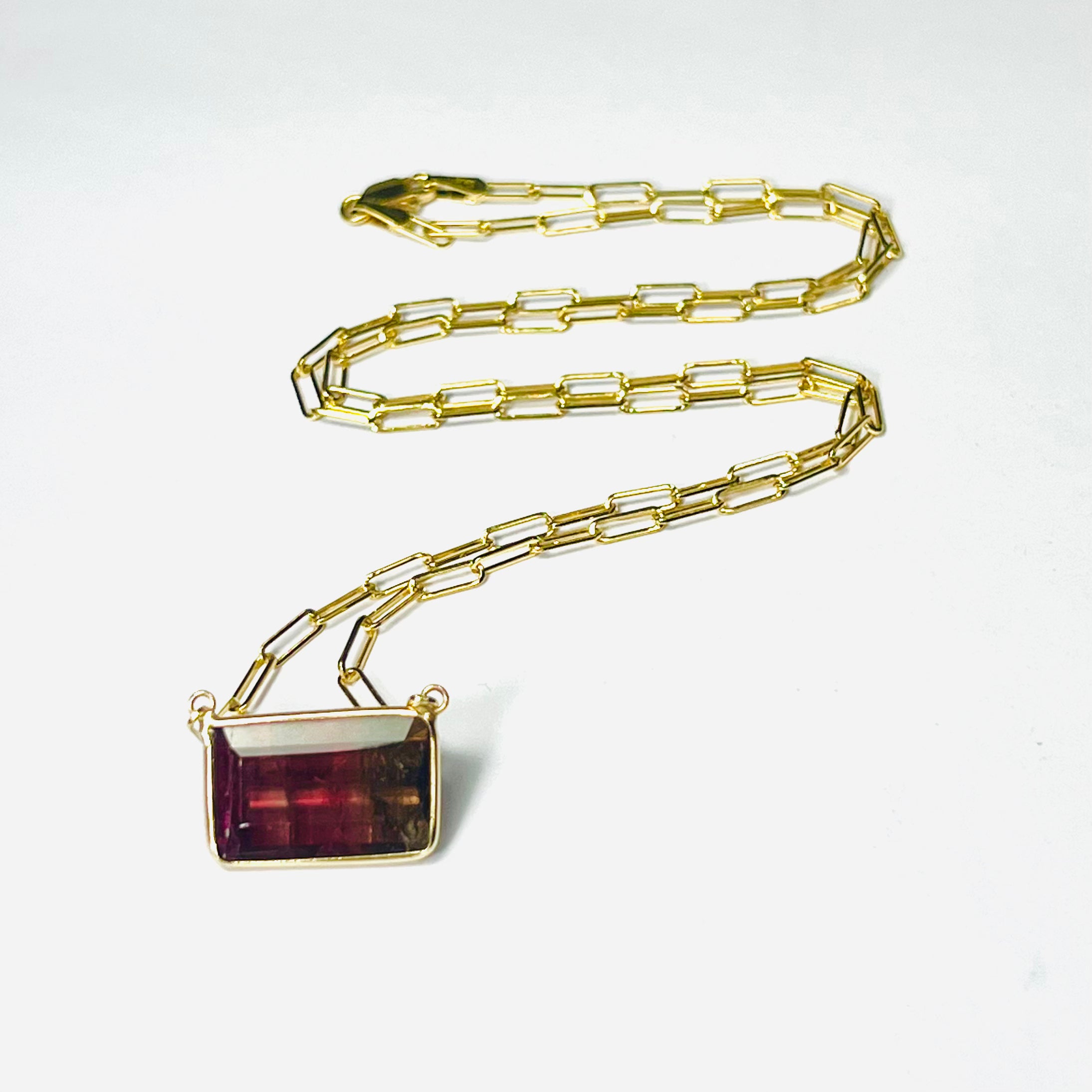 Red Tourmaline 18" 14K Yellow Gold Paperclip Necklace