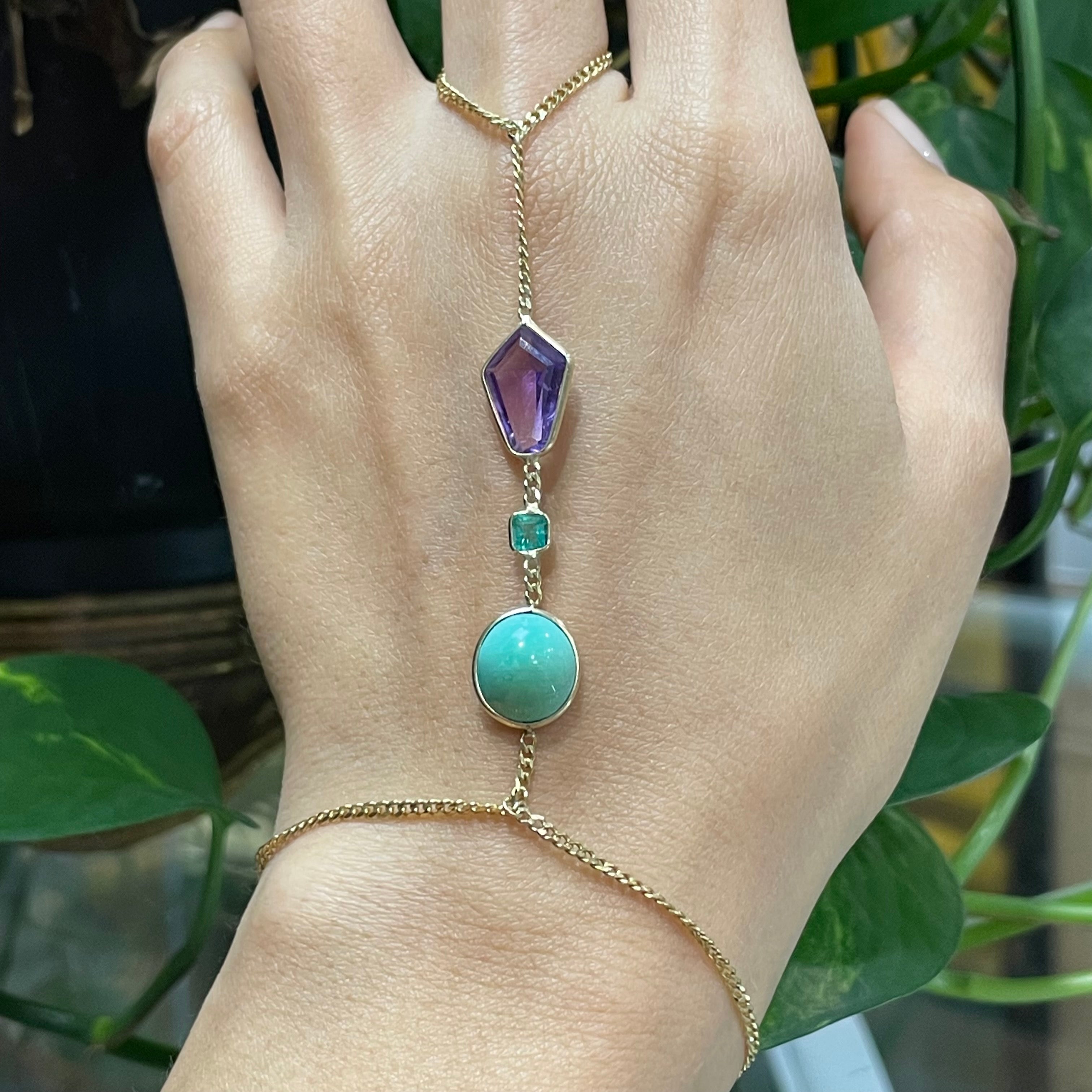 Turquoise Emerald Amethyst Handchain in solid 14k Yellow Gold