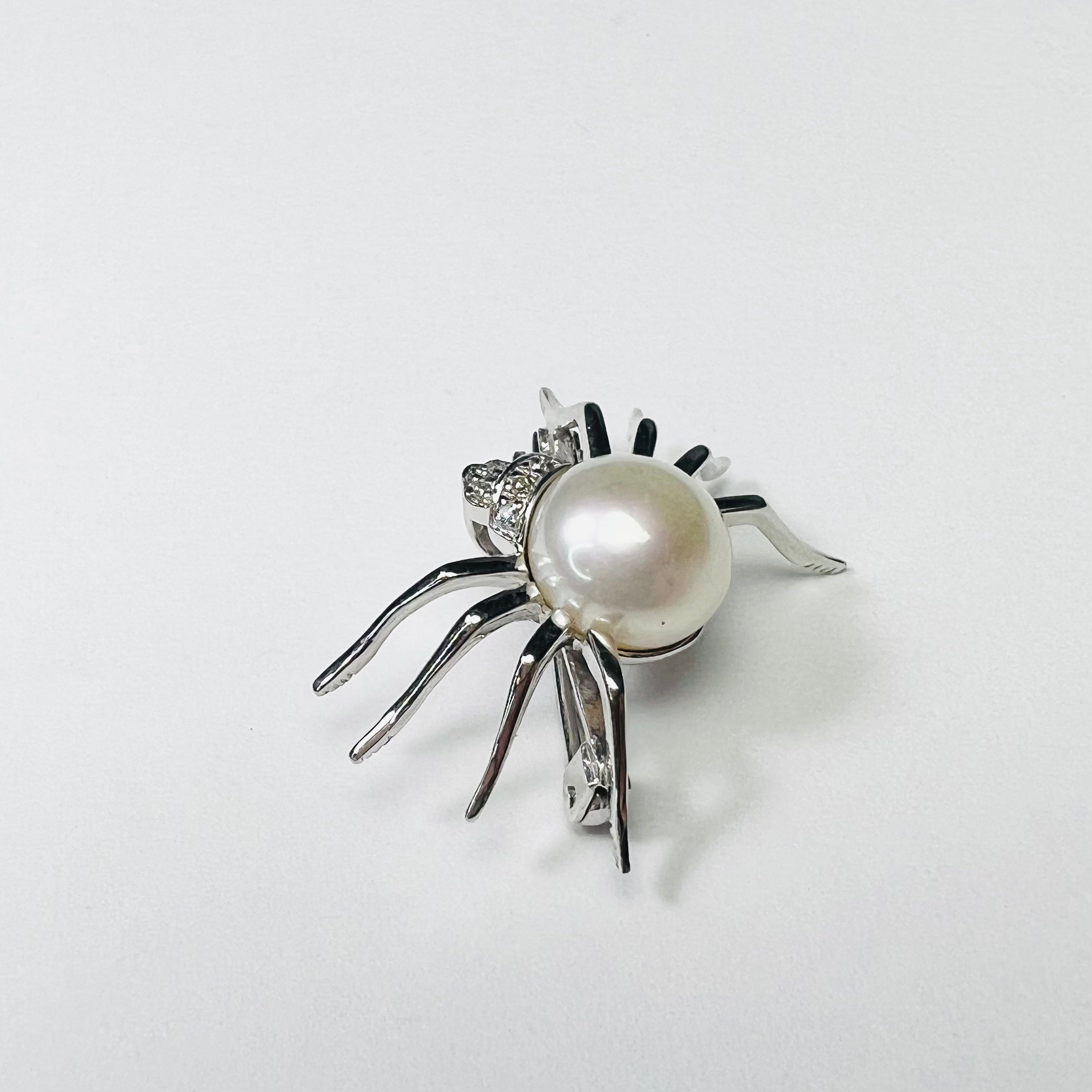Solid 14K White Gold Pearl and Diamond Spider Broach Pin 1"