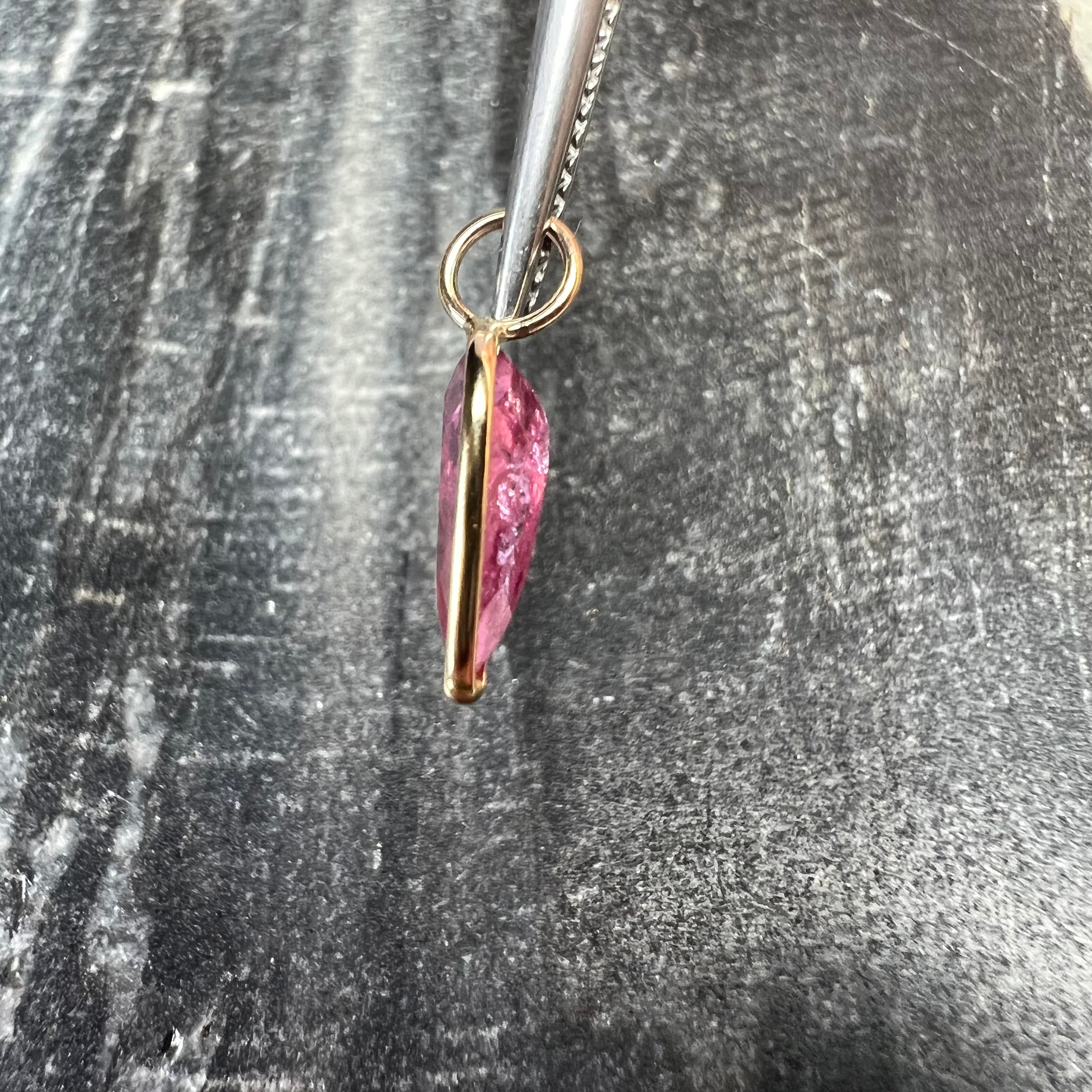 .95CT Natural Pink Pear Tourmaline 14K Yellow Gold Pendant Charm 15x5mm