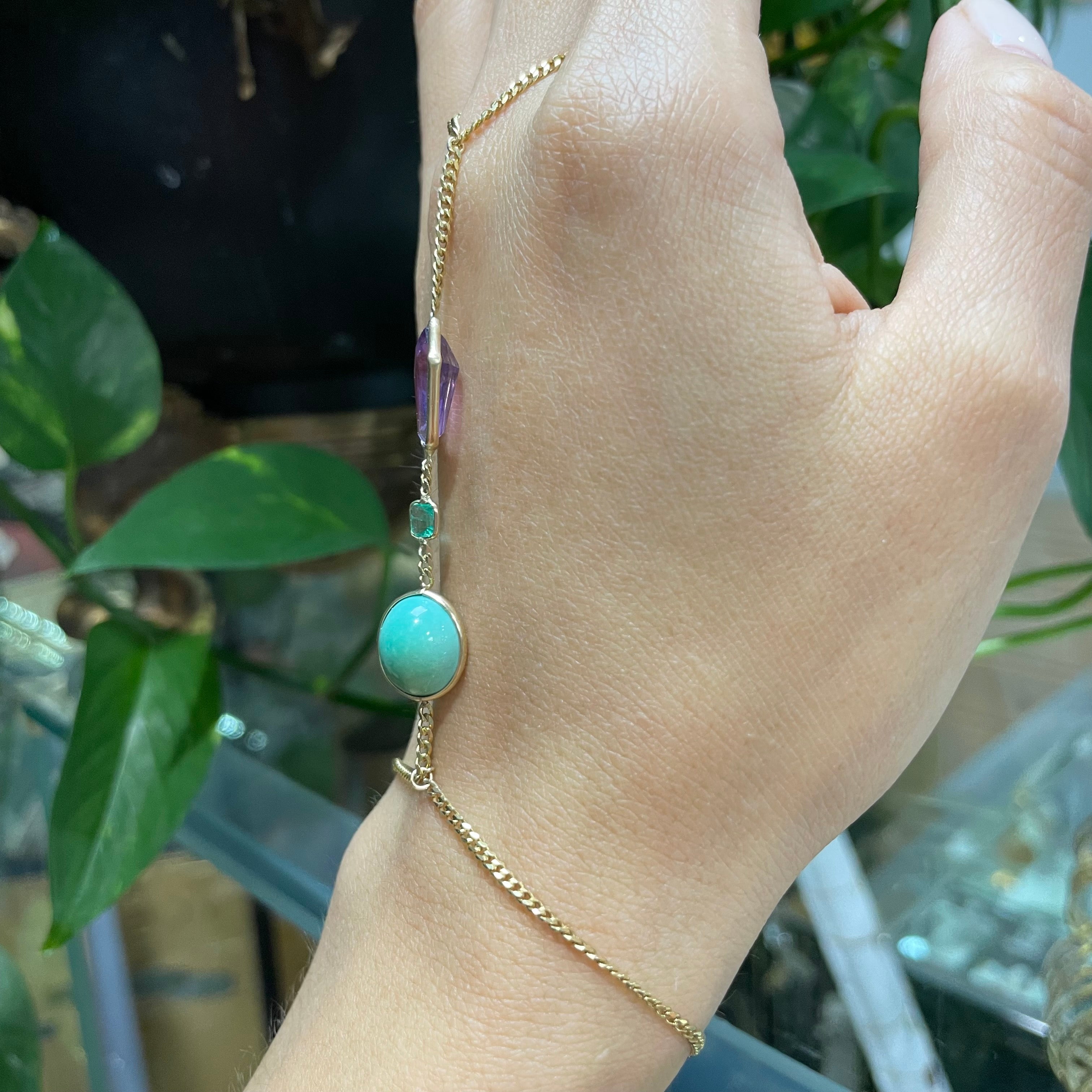 Turquoise Emerald Amethyst Handchain in solid 14k Yellow Gold