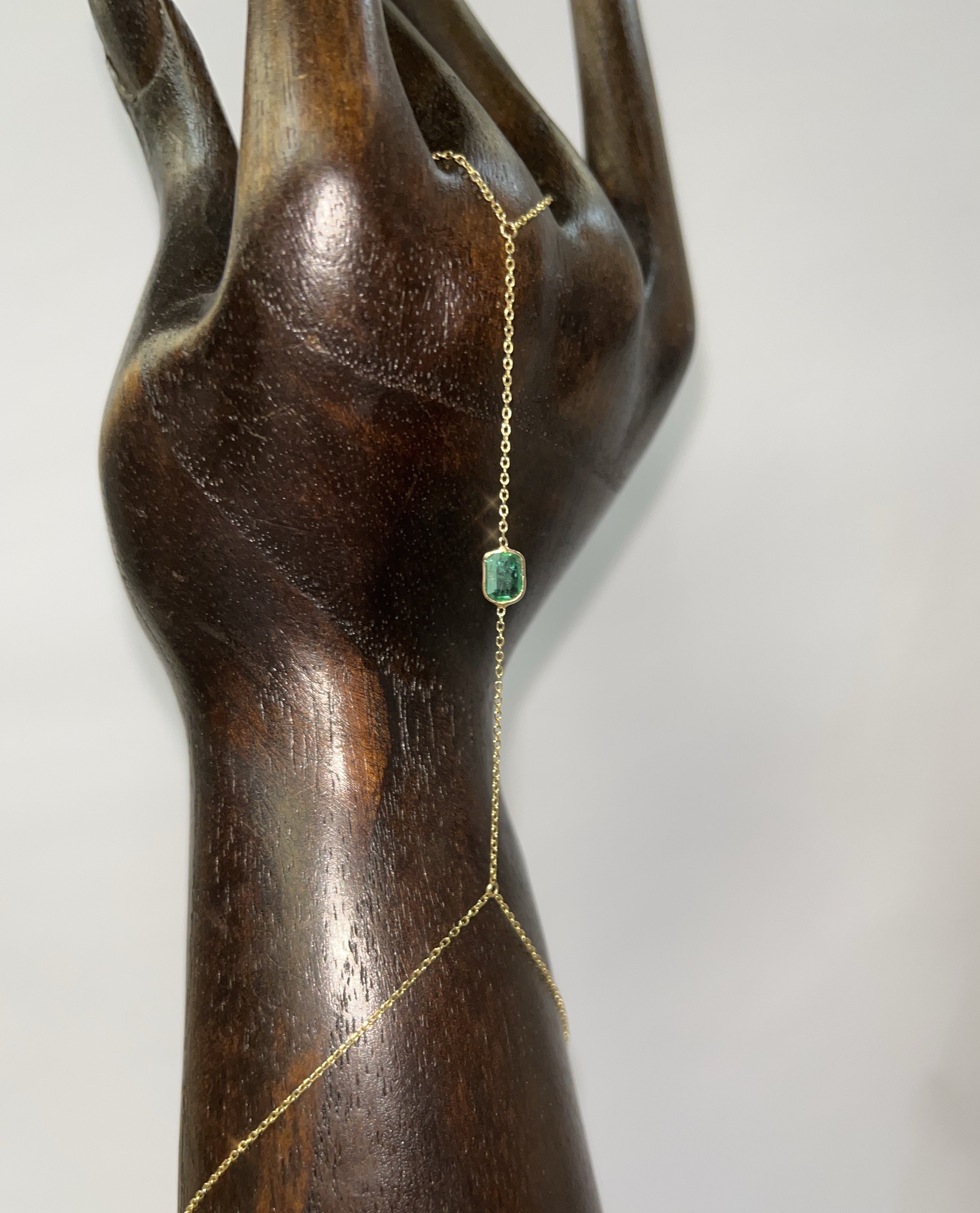 Gorgeous Square Colombian Emerald Hand Chain 14K Yellow Gold