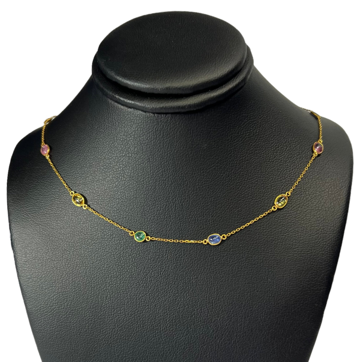 Multi Gemstone Cabochon 18" 18K Yellow Gold Stationed Cable Chain Necklace