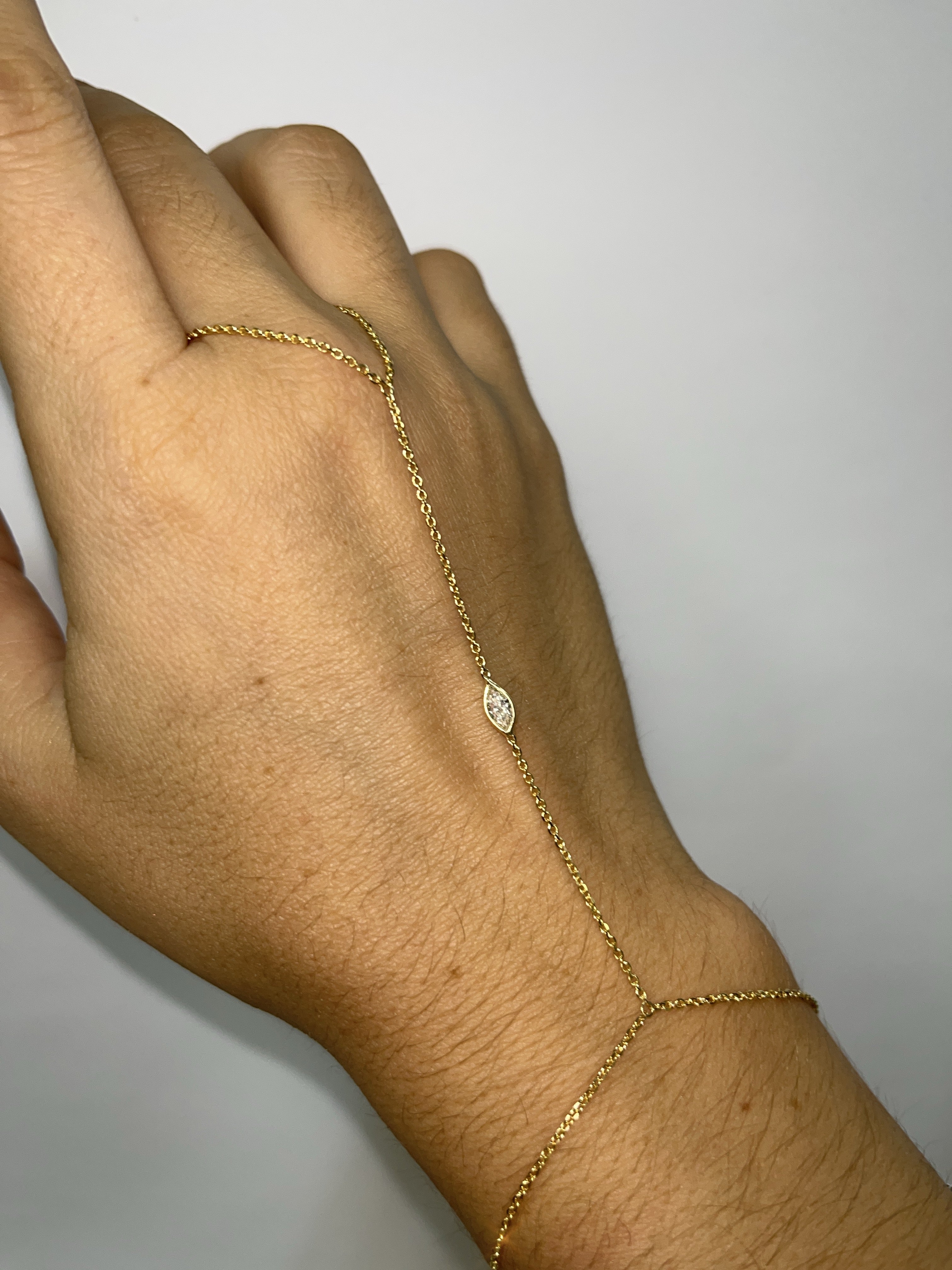 Marquise Diamond Hand Chain in Solid 14K Yellow Gold 7.5"