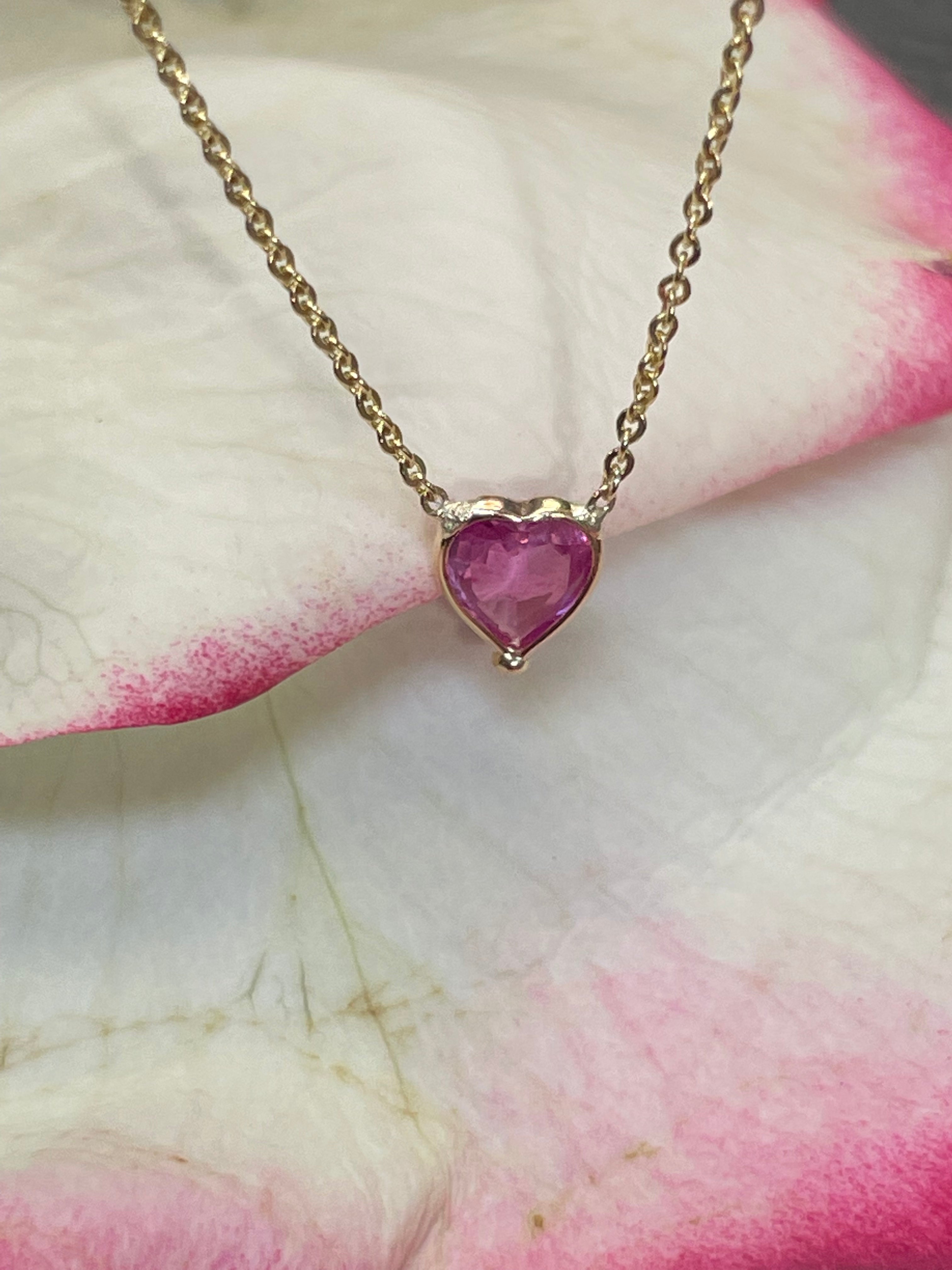 Natural Pink Sapphire Heart 14K Yellow Gold Necklace 16-18"