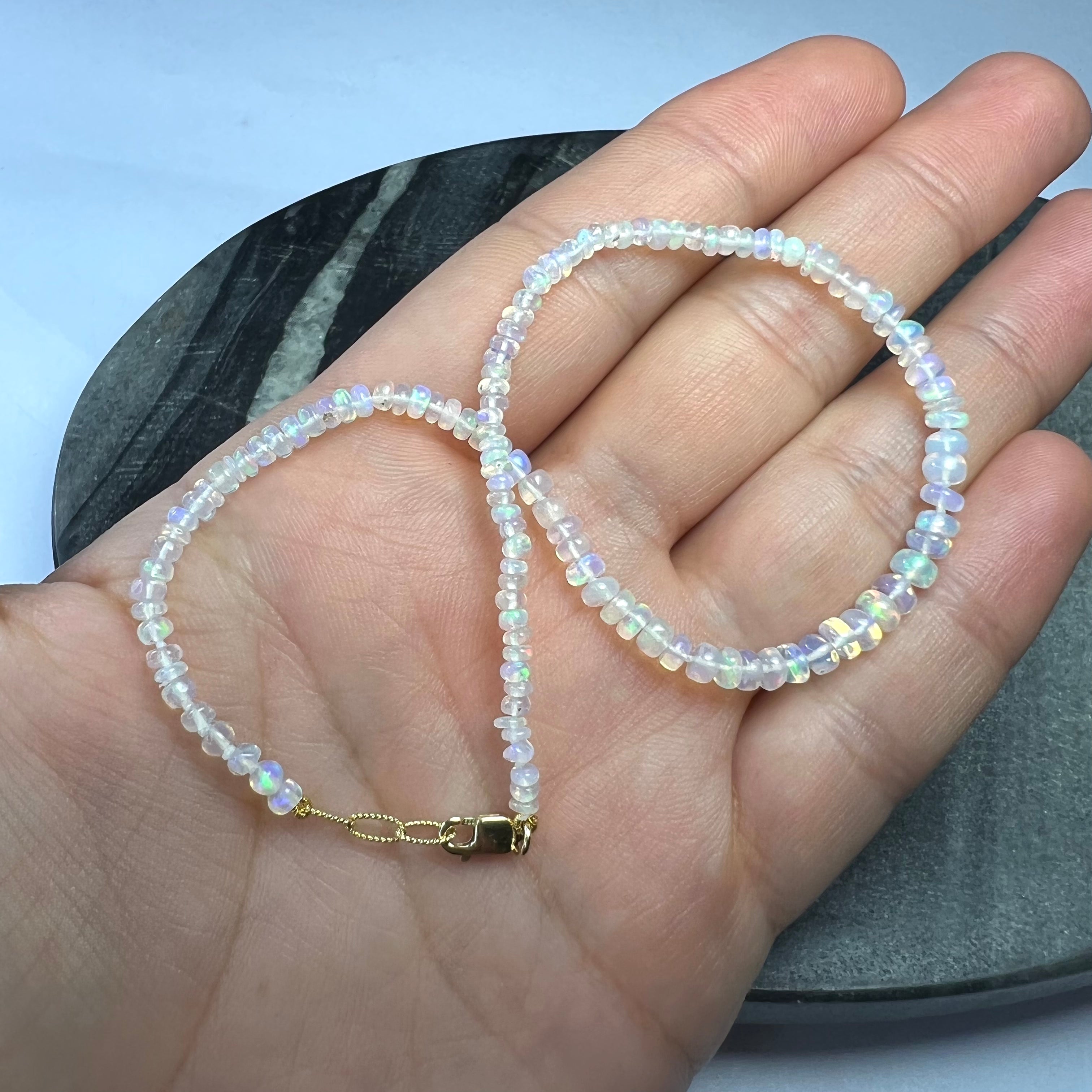 14K Yellow Gold Clasp White Opal Beaded Anklet 9.5"-10"