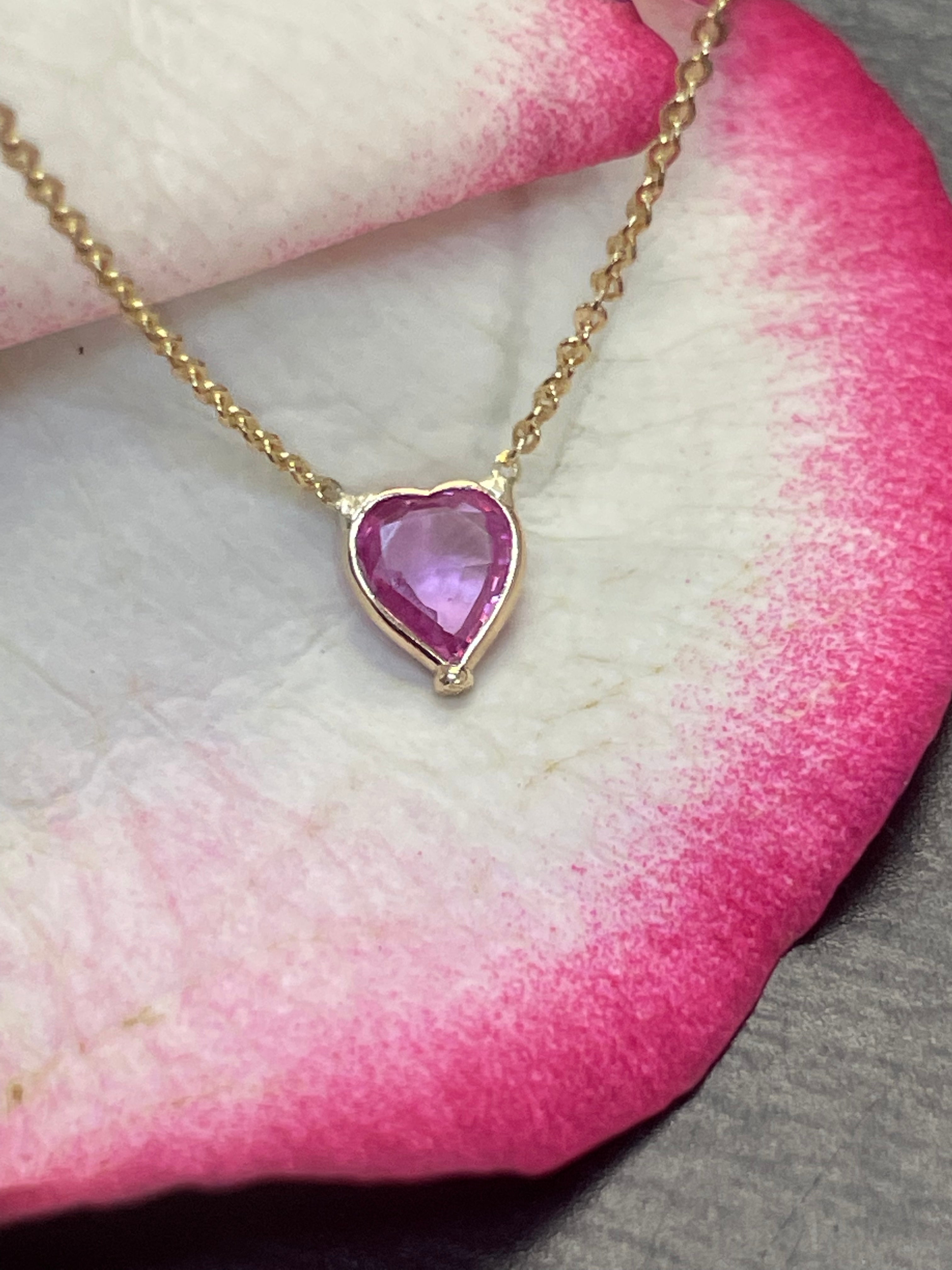 Natural Pink Sapphire Heart 14K Yellow Gold Necklace 16-18"