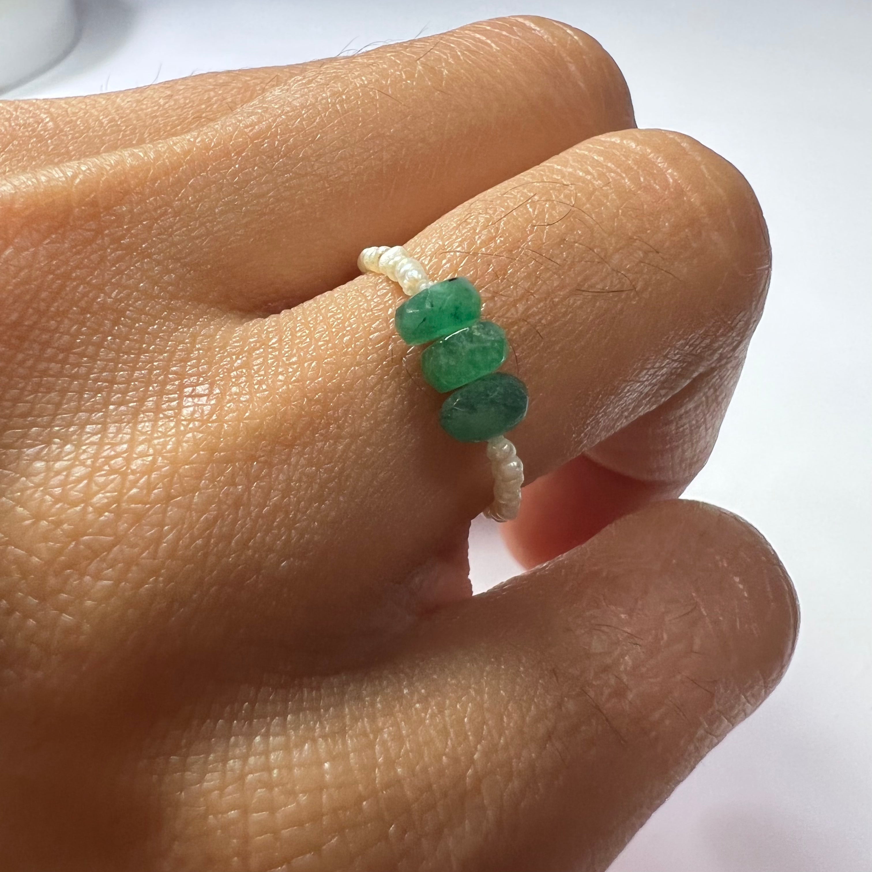 Natural Seed Pearl Eternity Rough Emerald Bead Ring Size 5