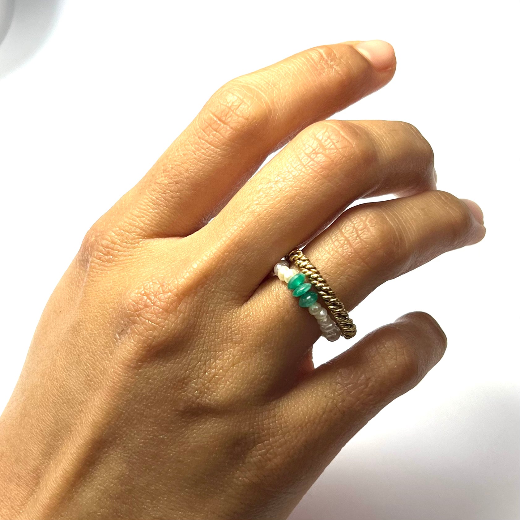Natural Seed Pearl Eternity Emerald Ring 4.5