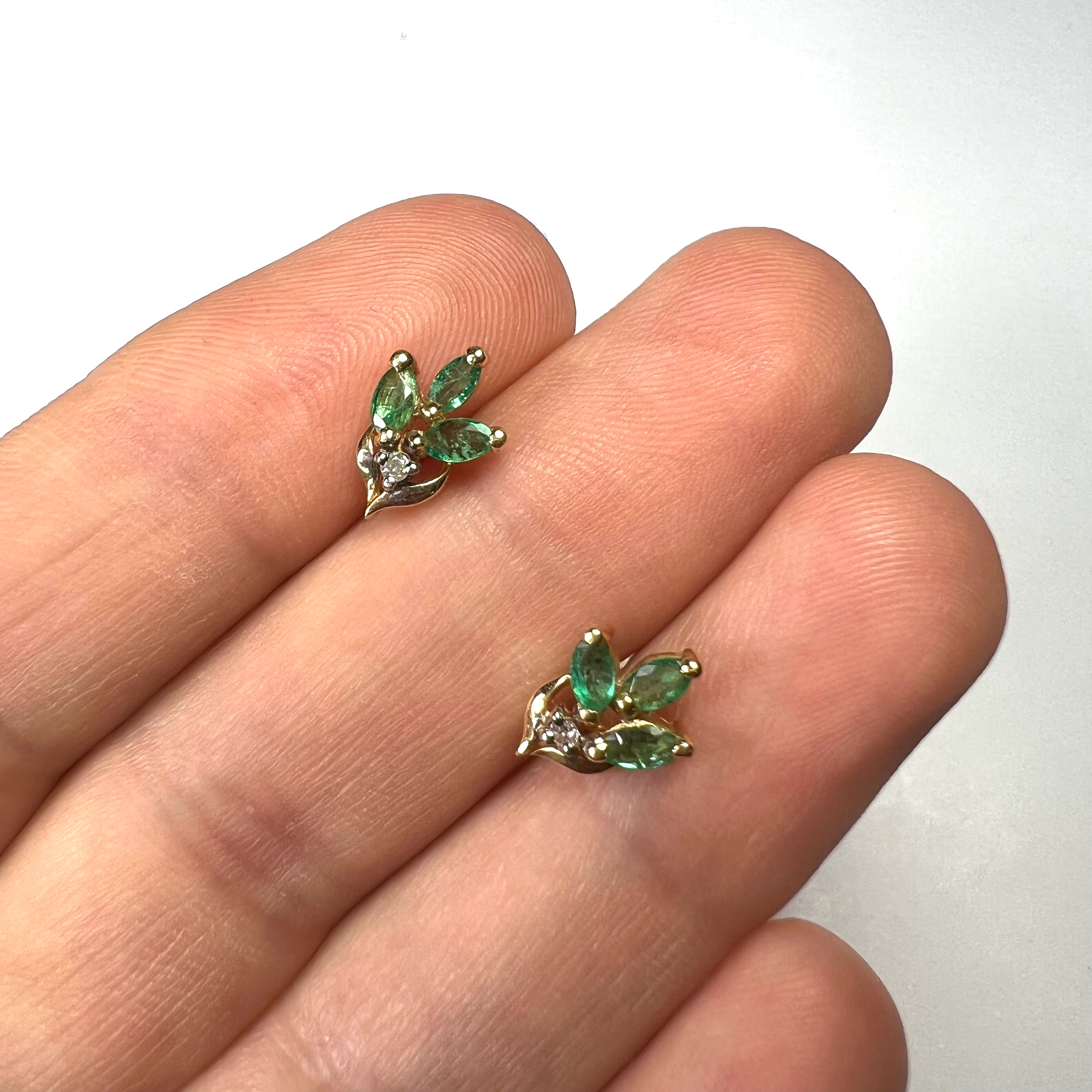 14K Yellow Gold Marquise Emerald & Diamond Floral Earring Pushback Studs 11x7mm