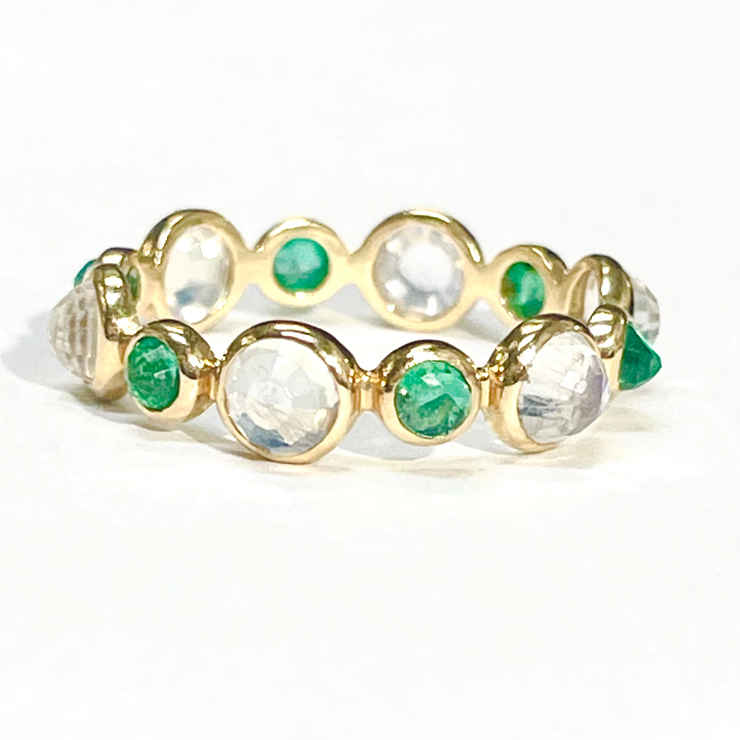 Solid 18K Yellow Gold Moonstone & Emerald Eternity Ring Band 6.5