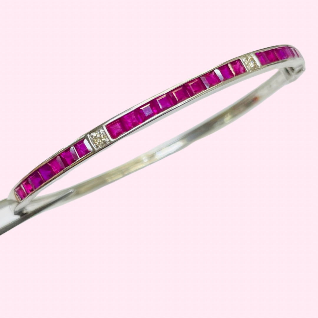 18K White Gold Natural Ruby & Diamond Cuff Bracelet